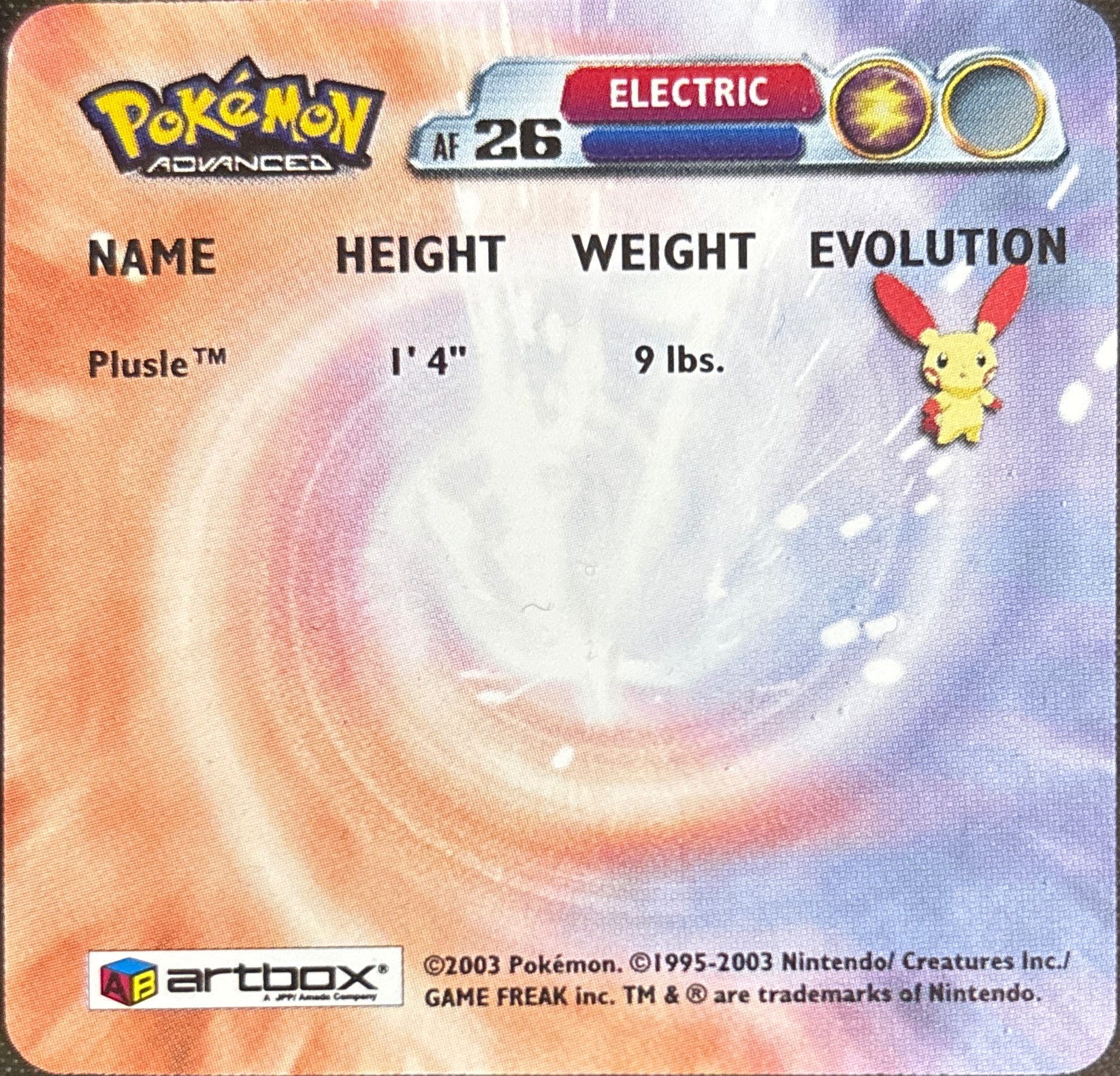Plusle collectible #AF26, Artbox (USA) Pokémon Artbox Advanced Flipz, back