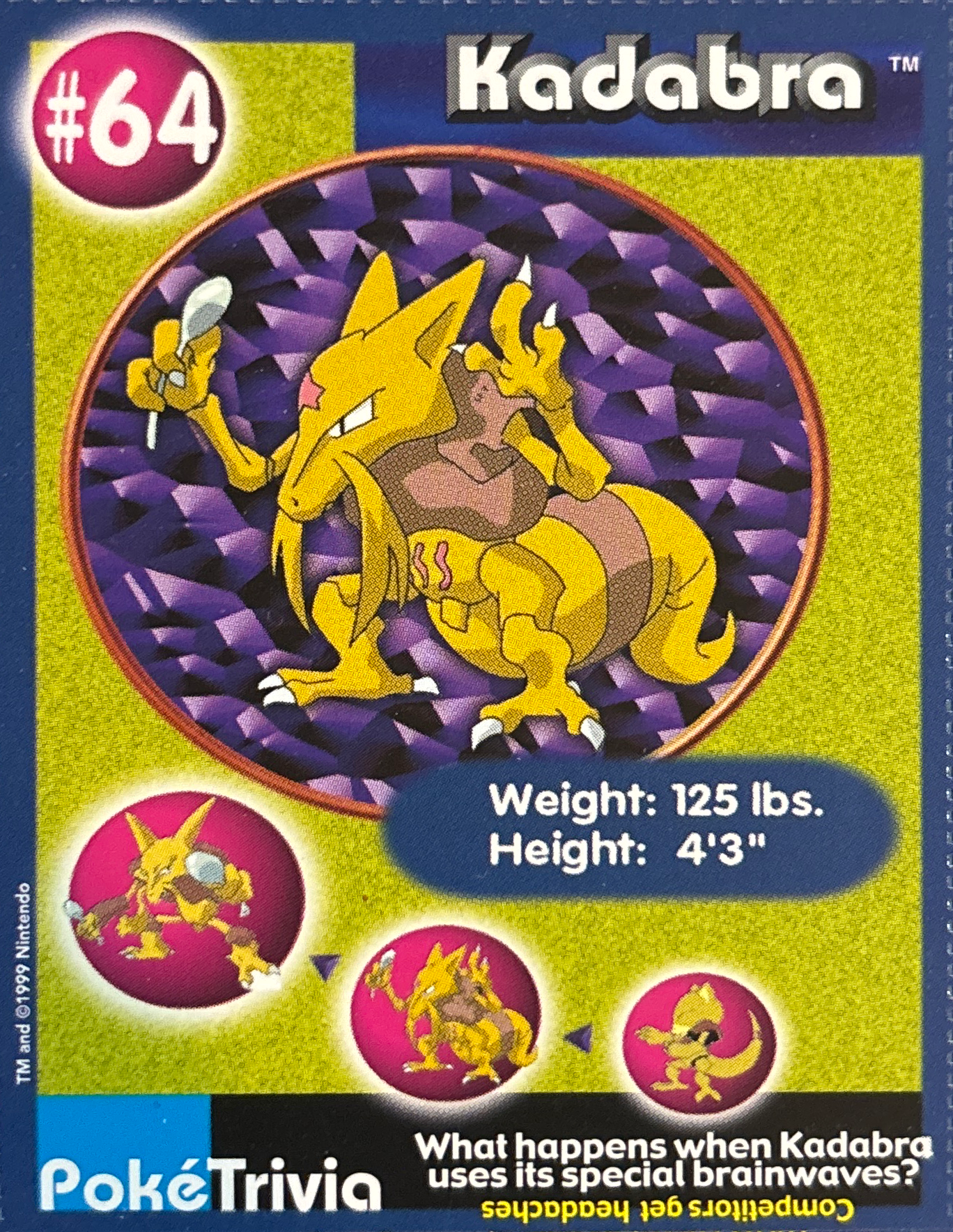 Kadabra card #64, Pokémon Burger King PokéTrivia Cards (1999) Checklist, front