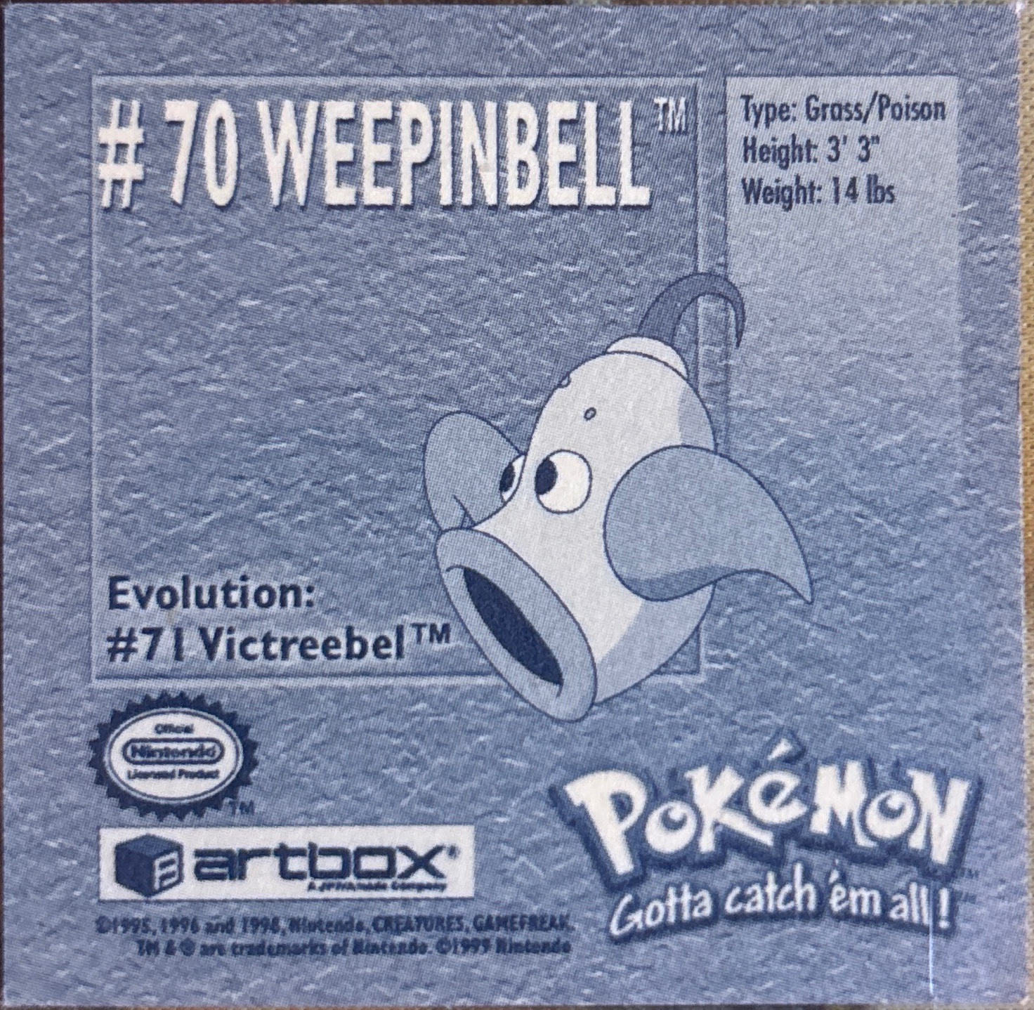 Weepinbell sticker #70, Artbox (USA) Pokémon Artbox Stickers (1999), back