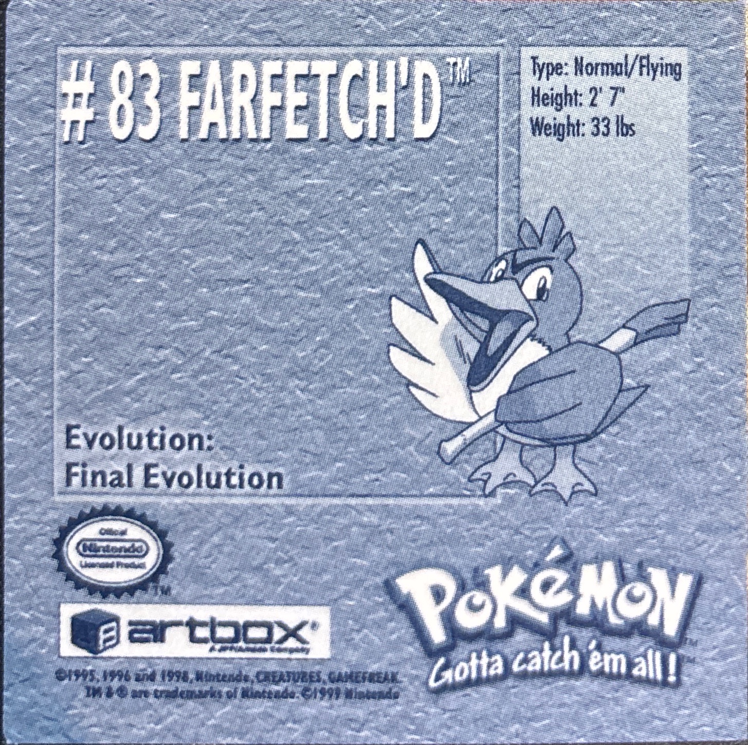 Farfetch'd sticker #83, Artbox (USA) Pokémon Artbox Stickers (1999), back