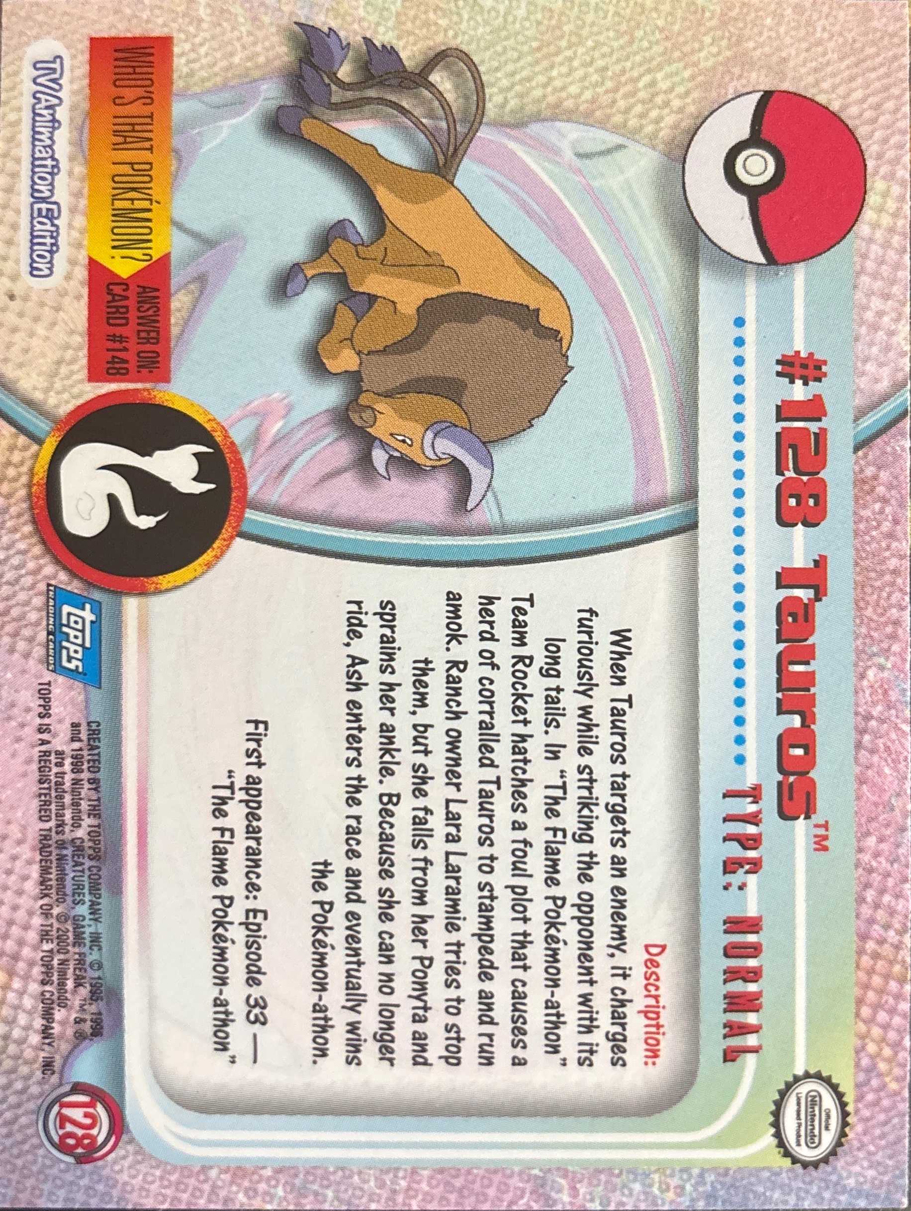 Tauros card #128, Pokemon Topps Series 3 (2000), back