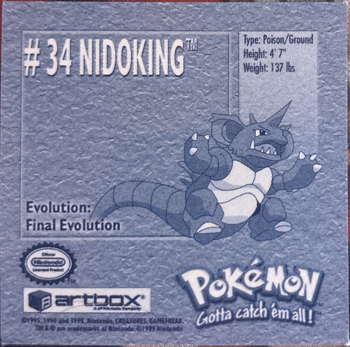 Nidoking sticker #34, Artbox (USA) Pokémon Artbox Stickers (1999), back