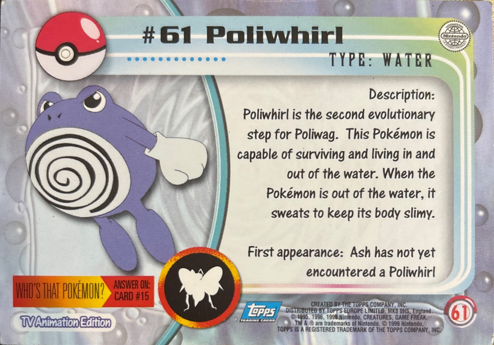 Poliwhirl card #61, Pokemon Topps Series 1 (1999), back