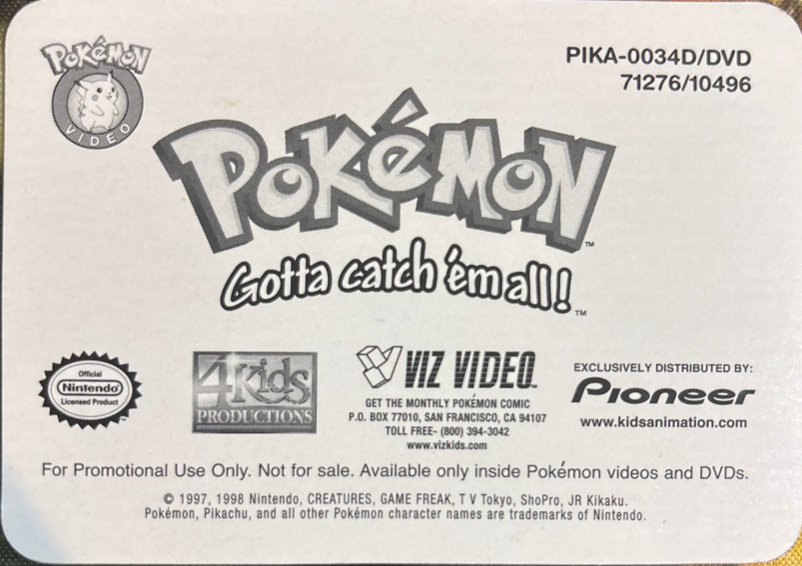 Kadabra card #34, Pokémon Pioneer/Viz VHS Lenticular Cards Checklist, back