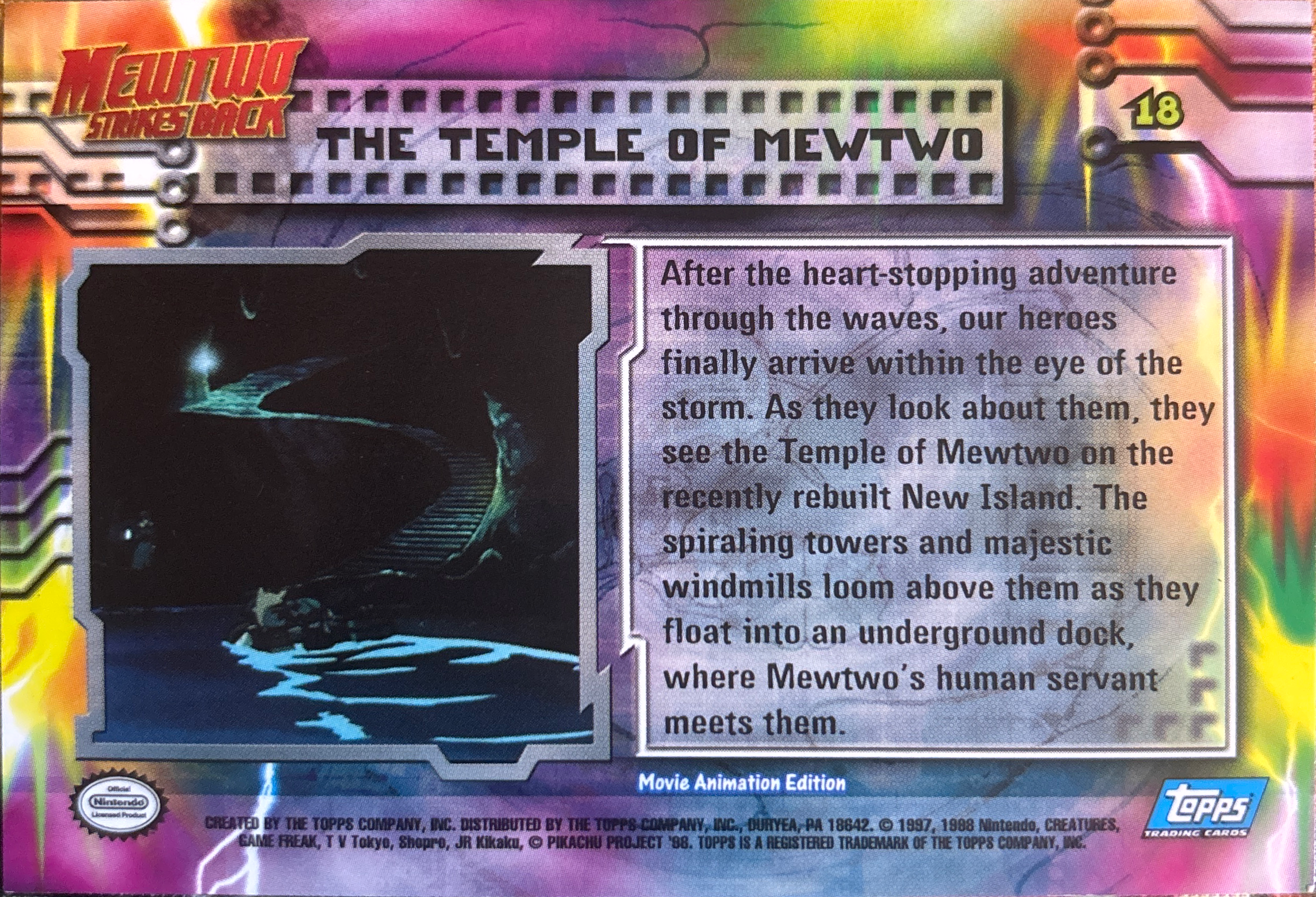The Temple of Mewtwo card #18, Pokemon Topps First Movie Trading Cards (1999), back