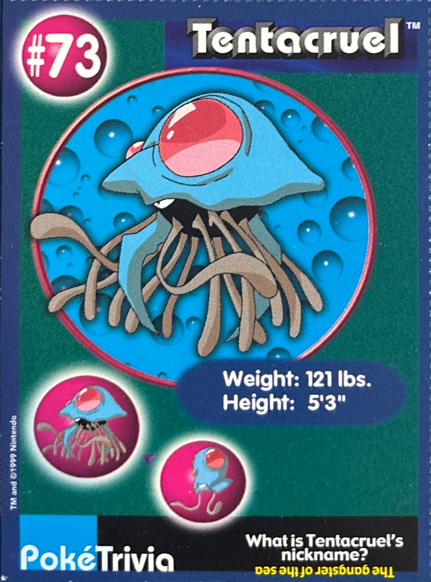 Tentacruel card #73, Pokémon Burger King PokéTrivia Cards (1999) Checklist, front