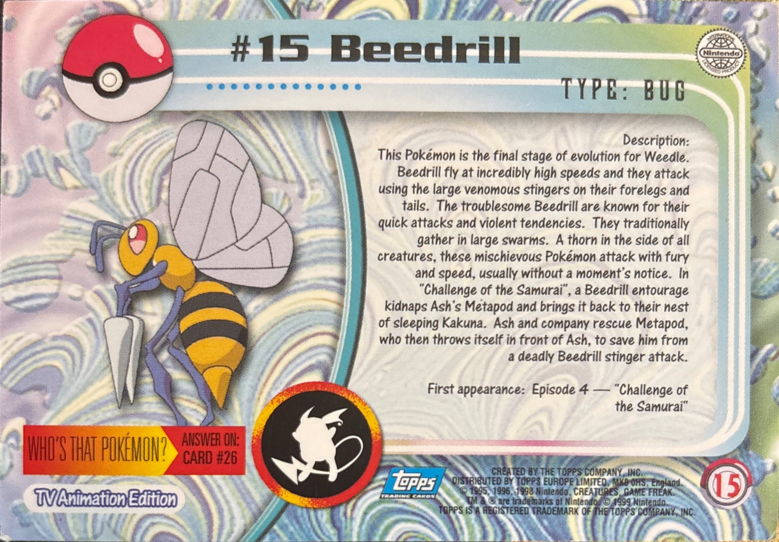 Beedrill card #15, Pokemon Topps Series 1 (1999), back