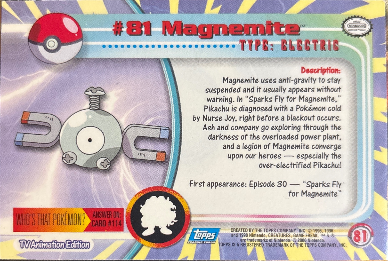 Magnemite card #81, Pokemon Topps Series 2 (1999), back