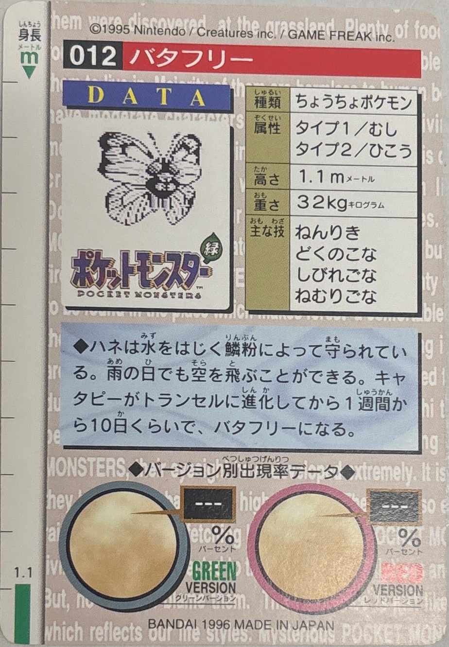 Butterfree card #12, Bandai Pokémon Carddass Part 1 (1996), back