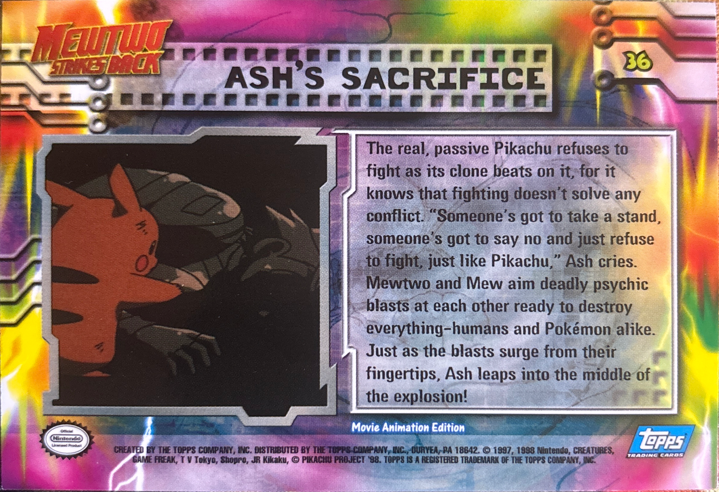 Ash's Sacrifice card #36, Pokemon Topps First Movie Trading Cards (1999), back