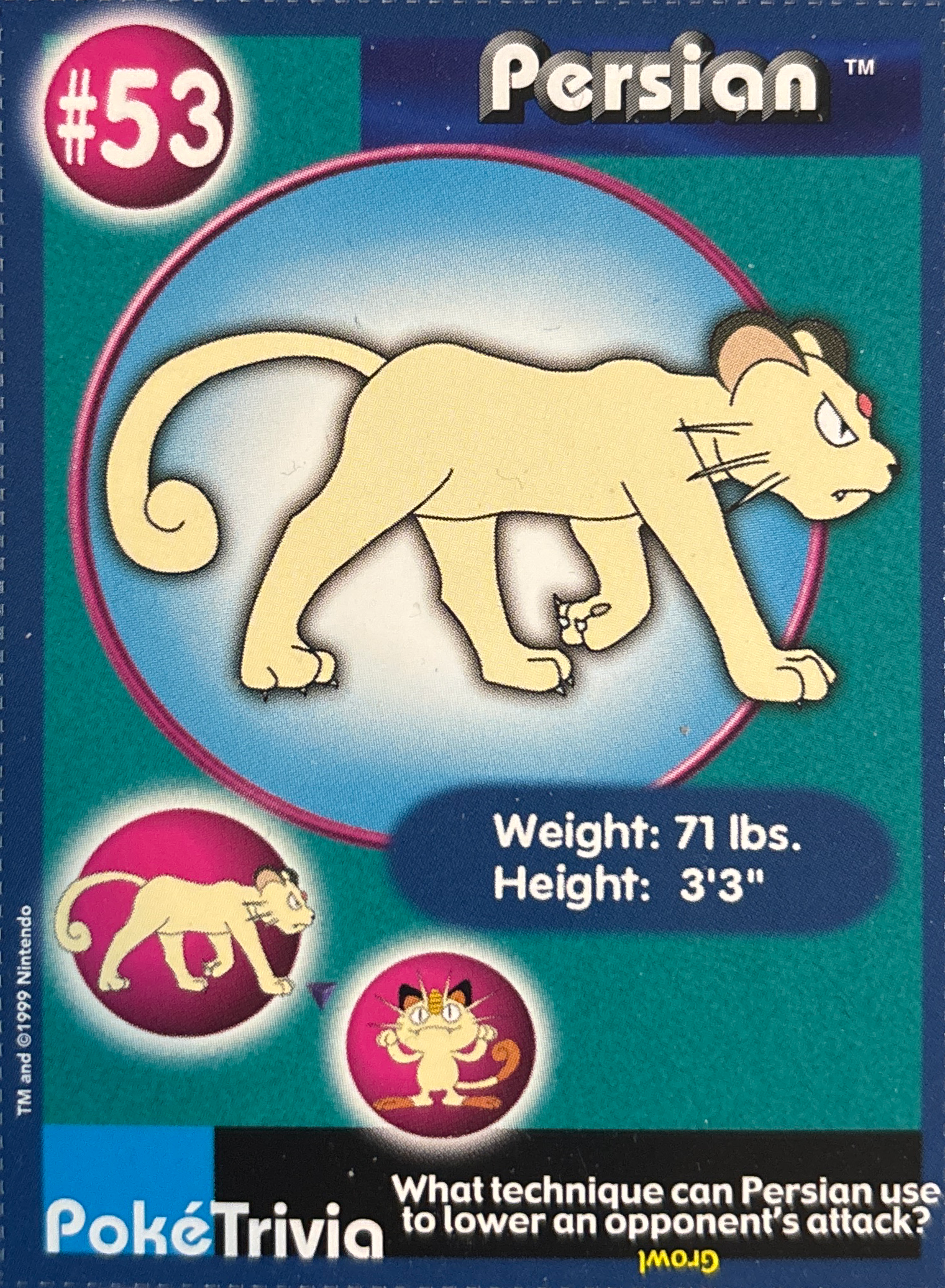 Persian card #53, Pokémon Burger King PokéTrivia Cards (1999) Checklist, front