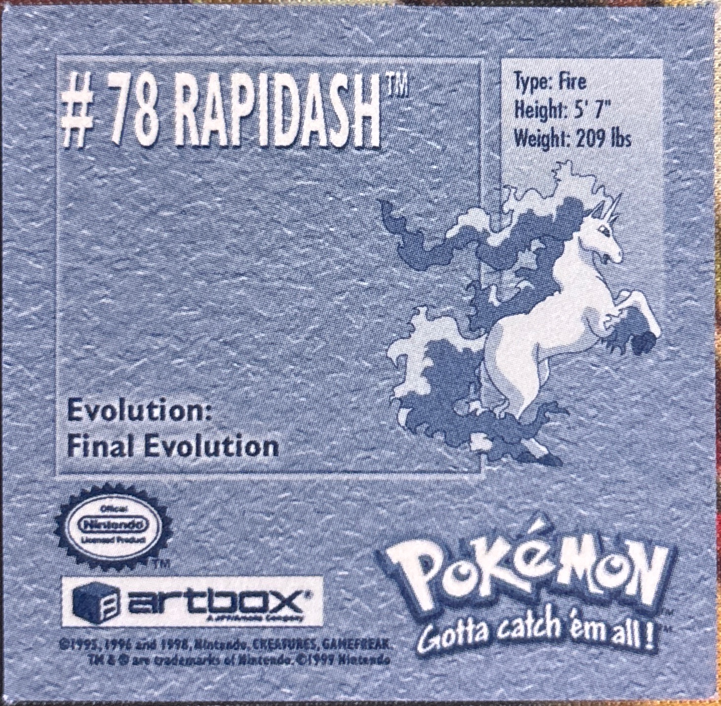 Rapidash sticker #78, Artbox (USA) Pokémon Artbox Stickers (1999), back