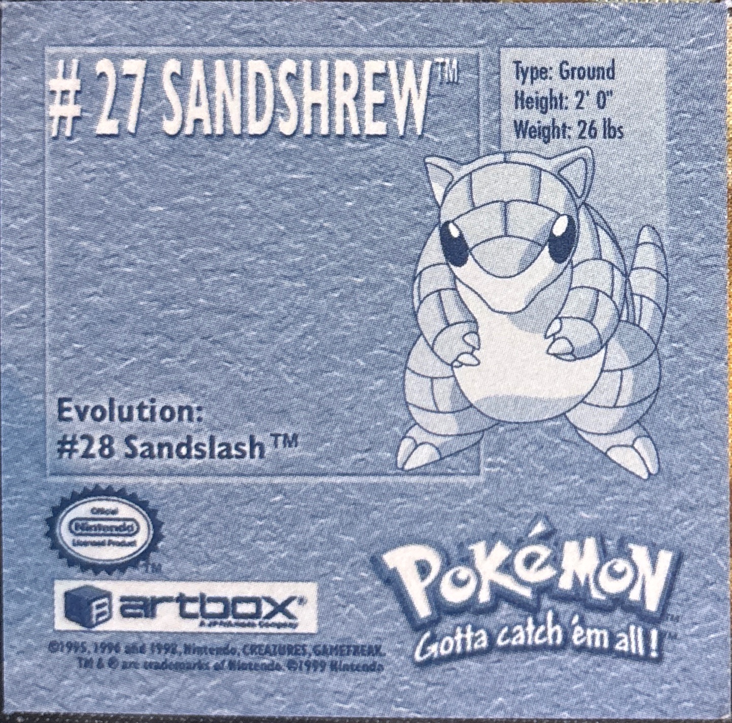Sandshrew sticker #27, Artbox (USA) Pokémon Artbox Stickers (1999), back