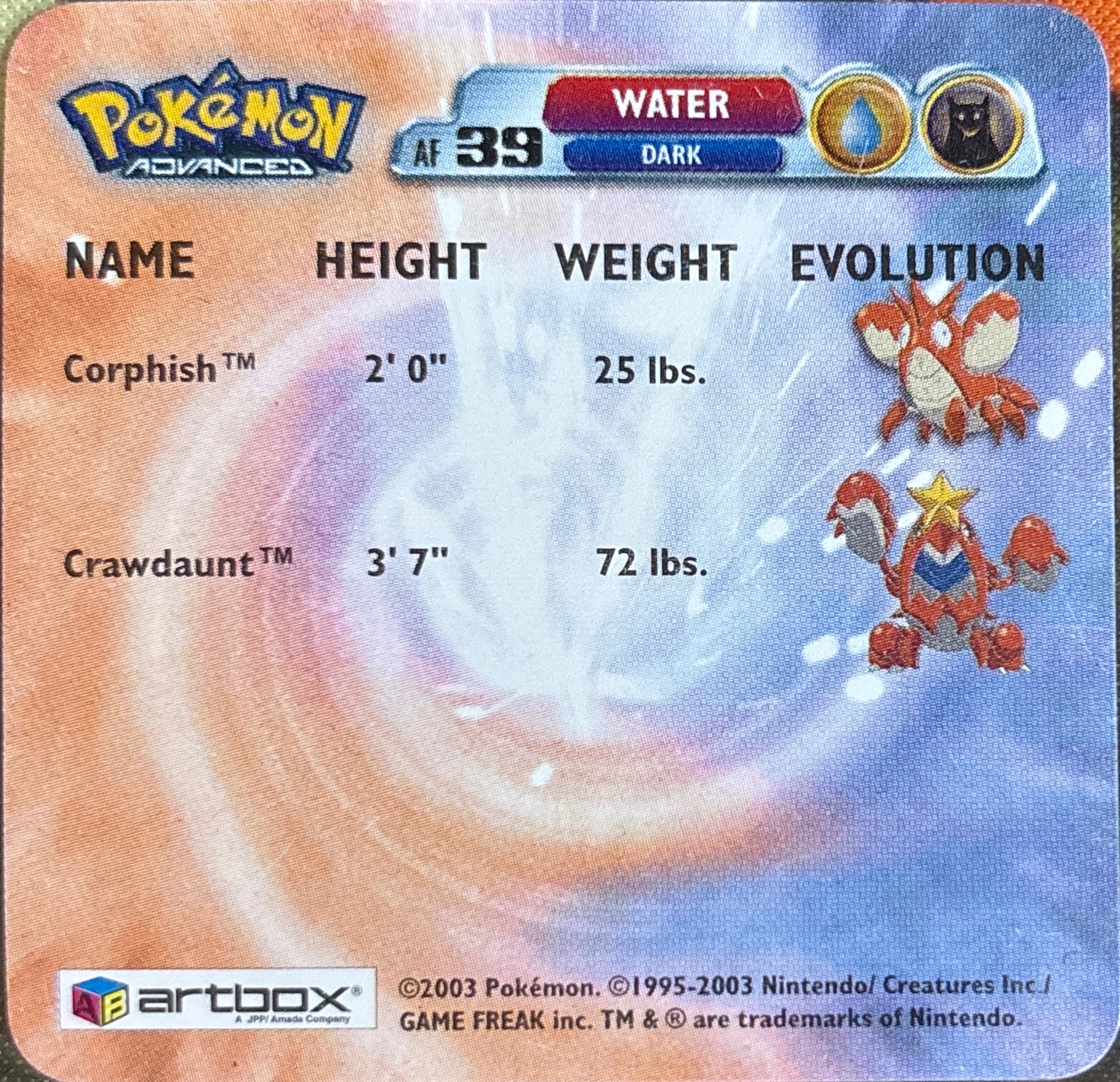 Corphish collectible #AF39, Artbox (USA) Pokémon Artbox Advanced Flipz, back