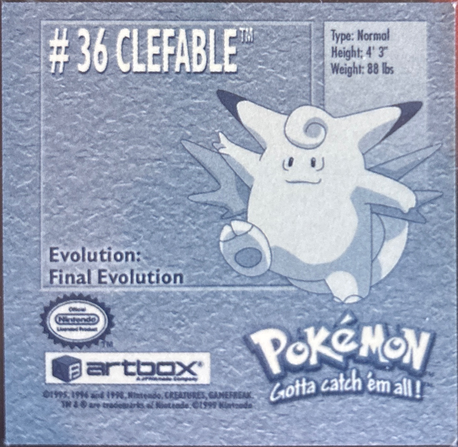 Clefable sticker #36, Artbox (USA) Pokémon Artbox Stickers (1999), back