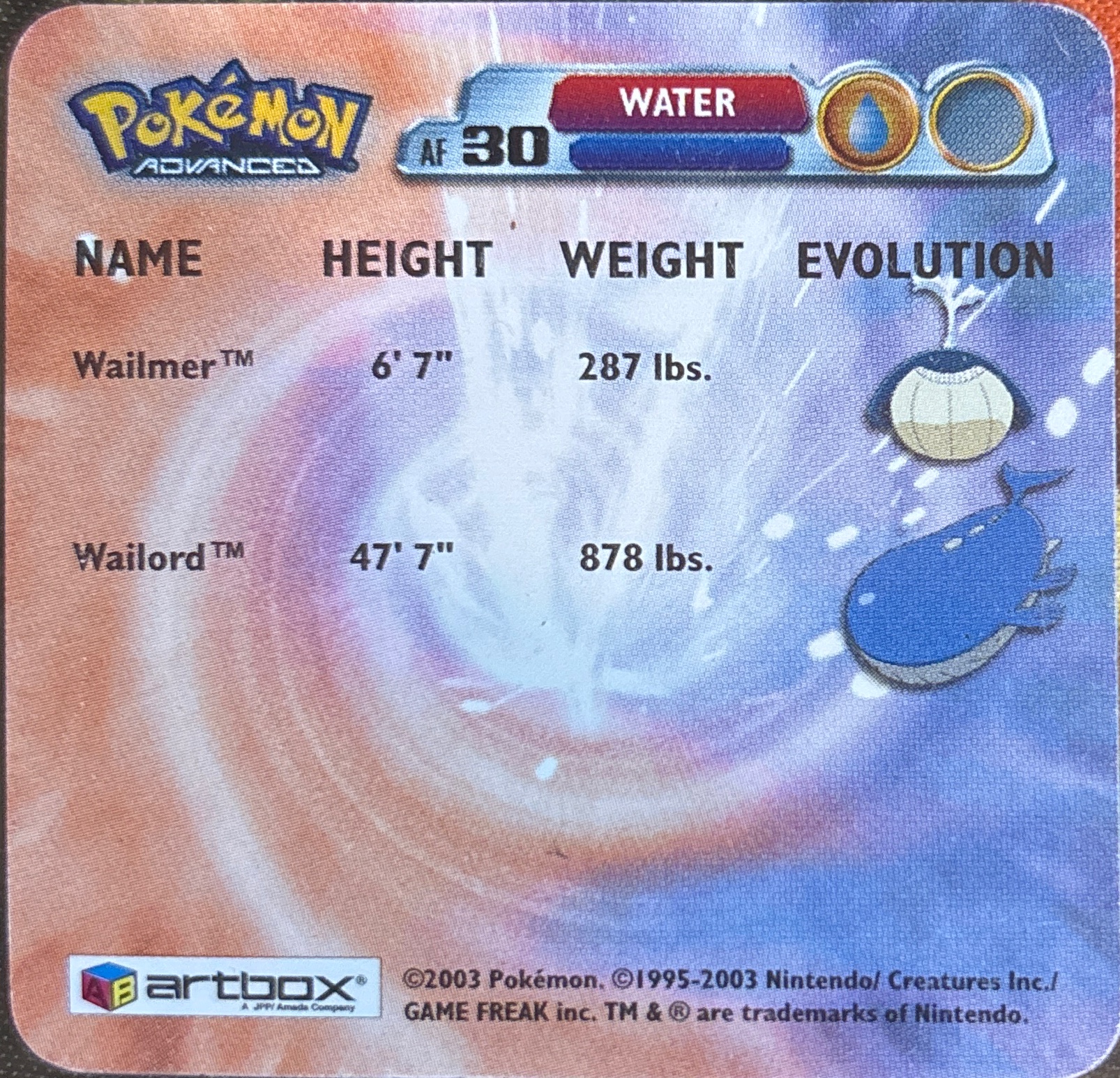 Wailmer collectible #AF30, Artbox (USA) Pokémon Artbox Advanced Flipz, back