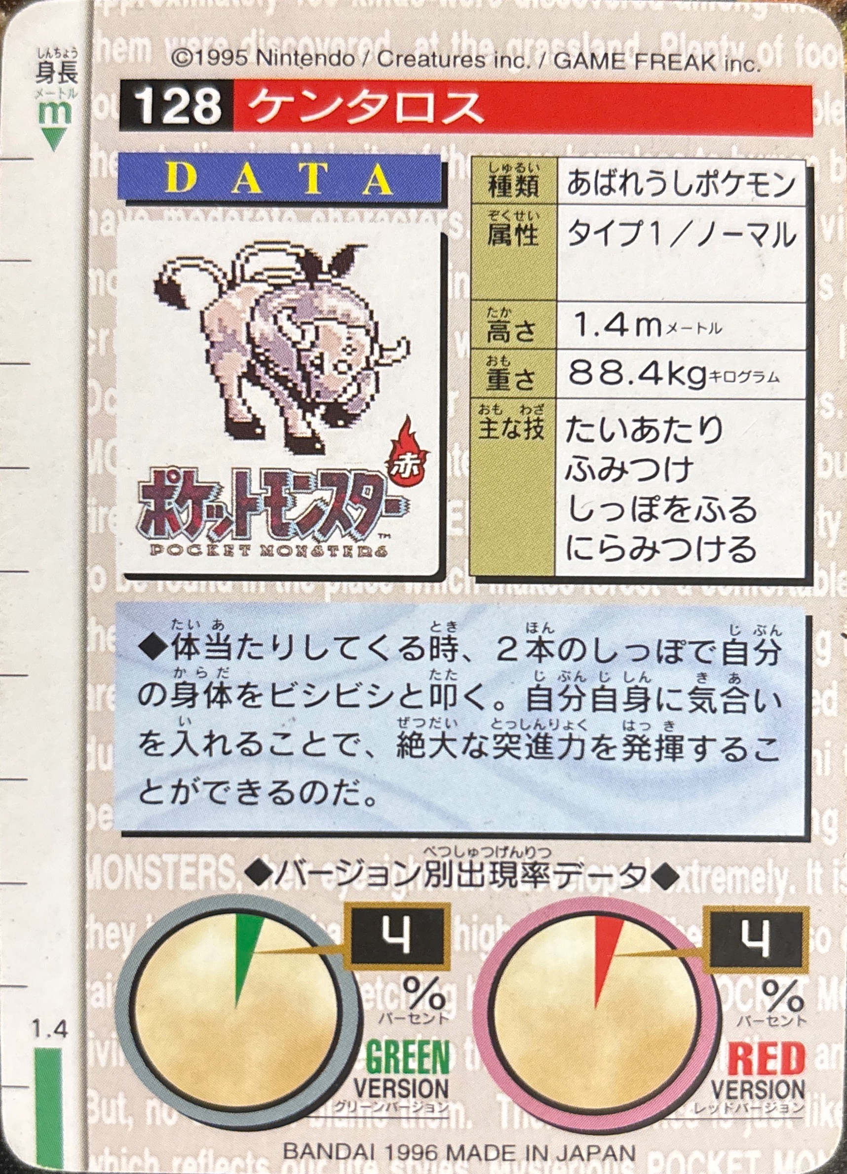 Tauros card #128, Bandai Pokémon Carddass Part 2 (1996), back