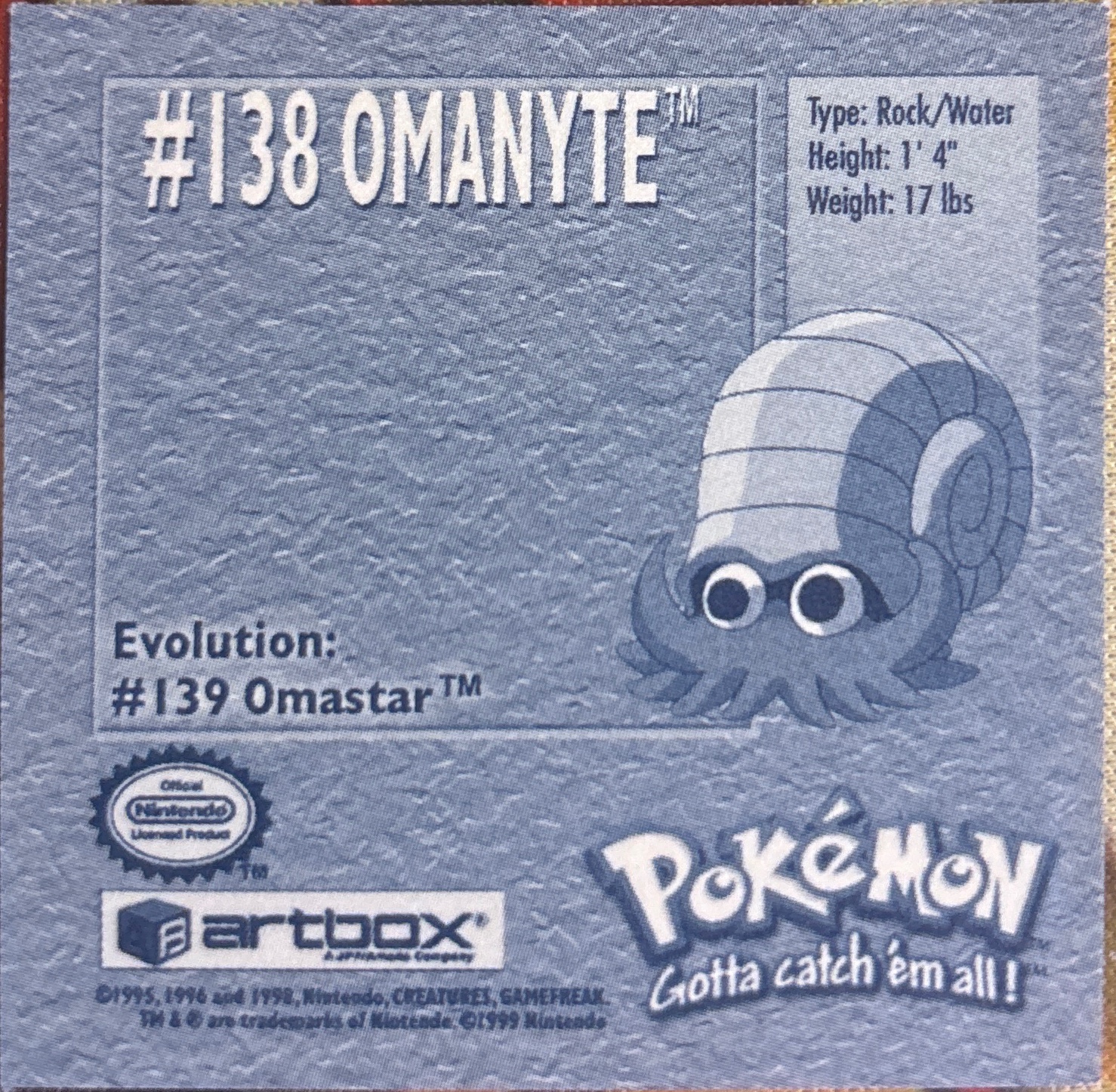 Omanyte sticker #138, Artbox (USA) Pokémon Artbox Stickers (1999), back