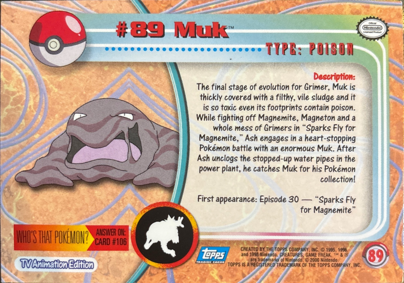 Muk card #89, Pokemon Topps Series 2 (1999), back