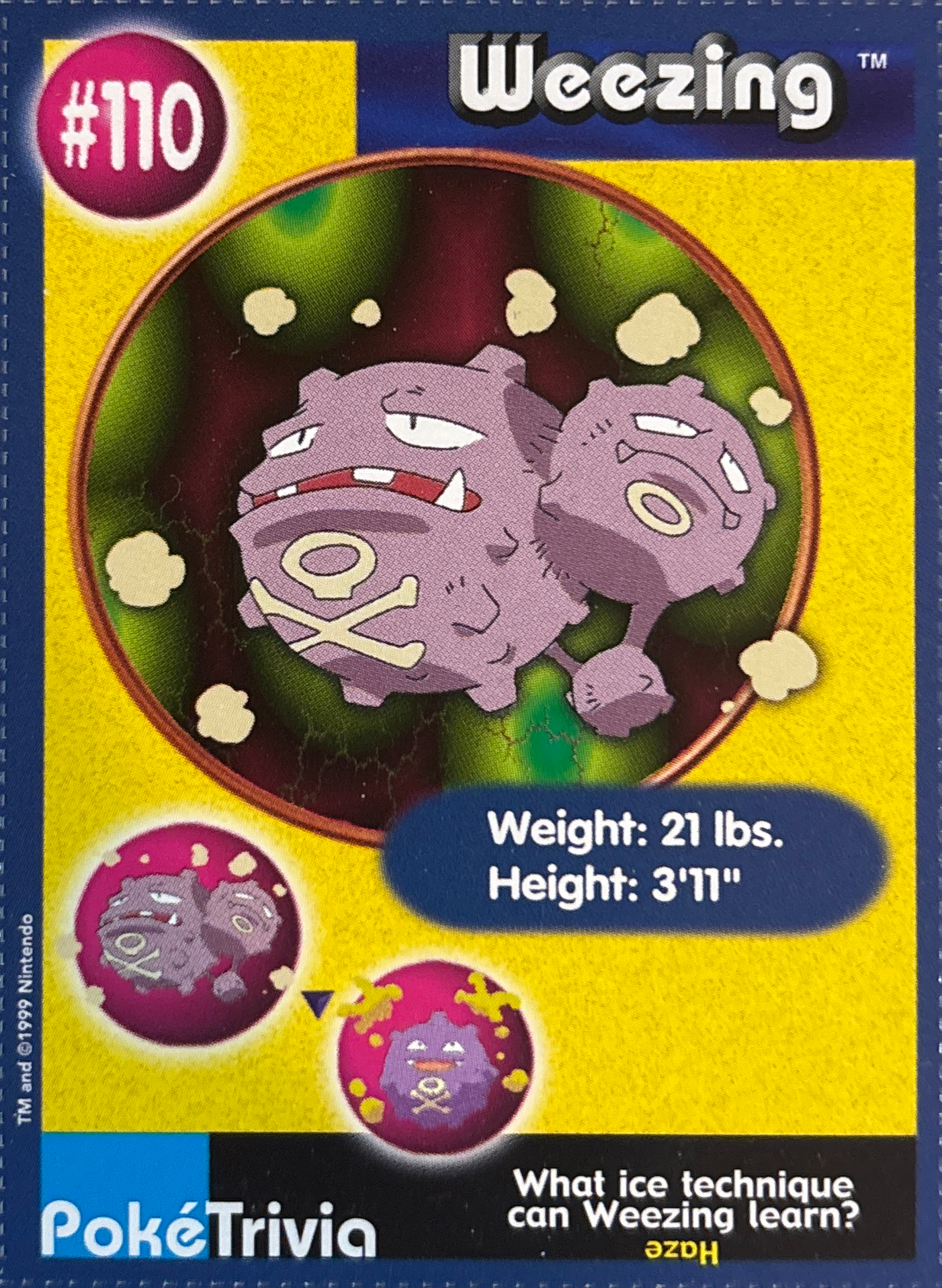 Weezing card #110, Pokémon Burger King PokéTrivia Cards (1999) Checklist, front