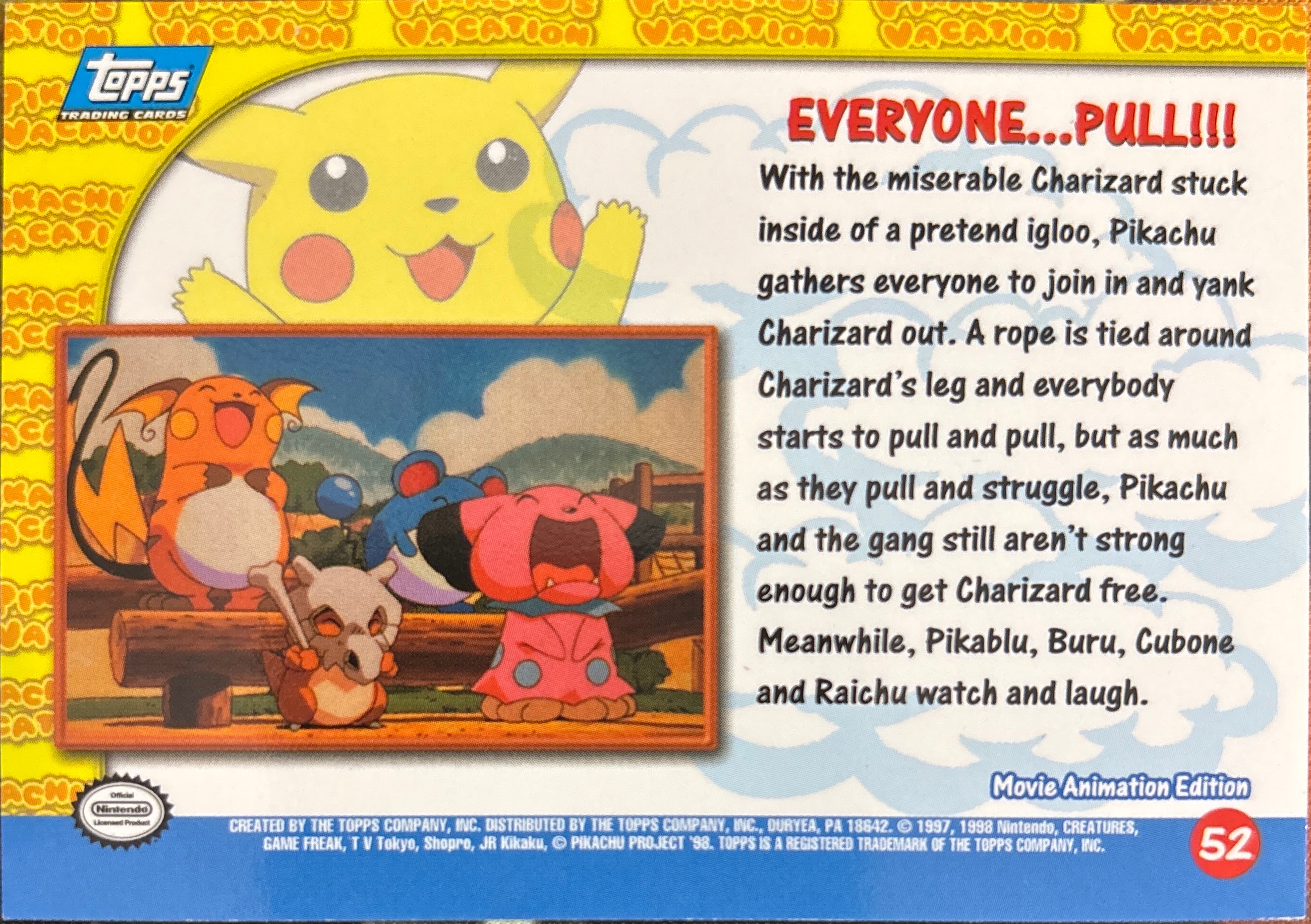 Everyone...Pull!!! card #52, Pokemon Topps First Movie Trading Cards (1999), back