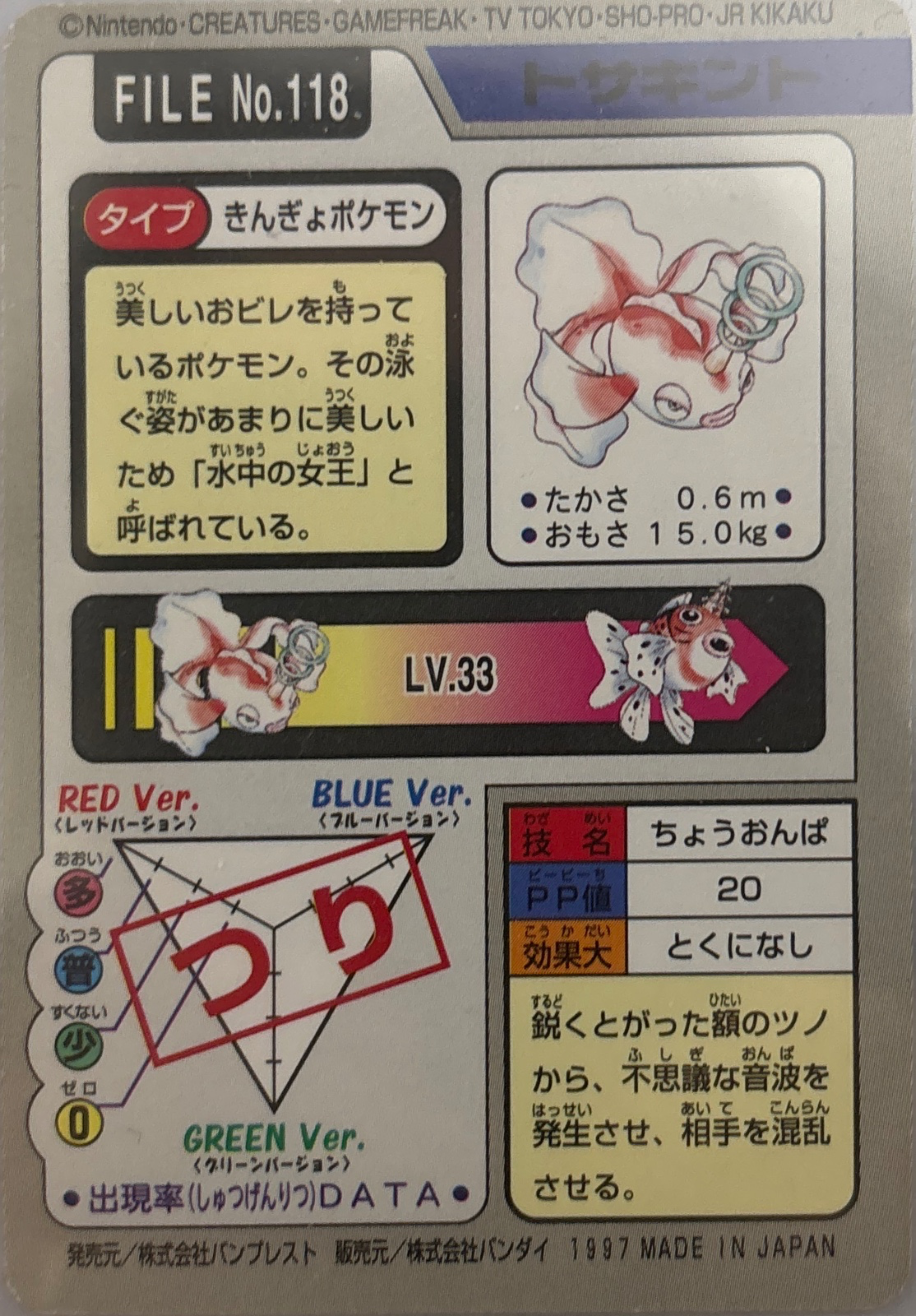 Goldeen card, Bandai Pokémon Carddass Part 3 & 4 (1997), back