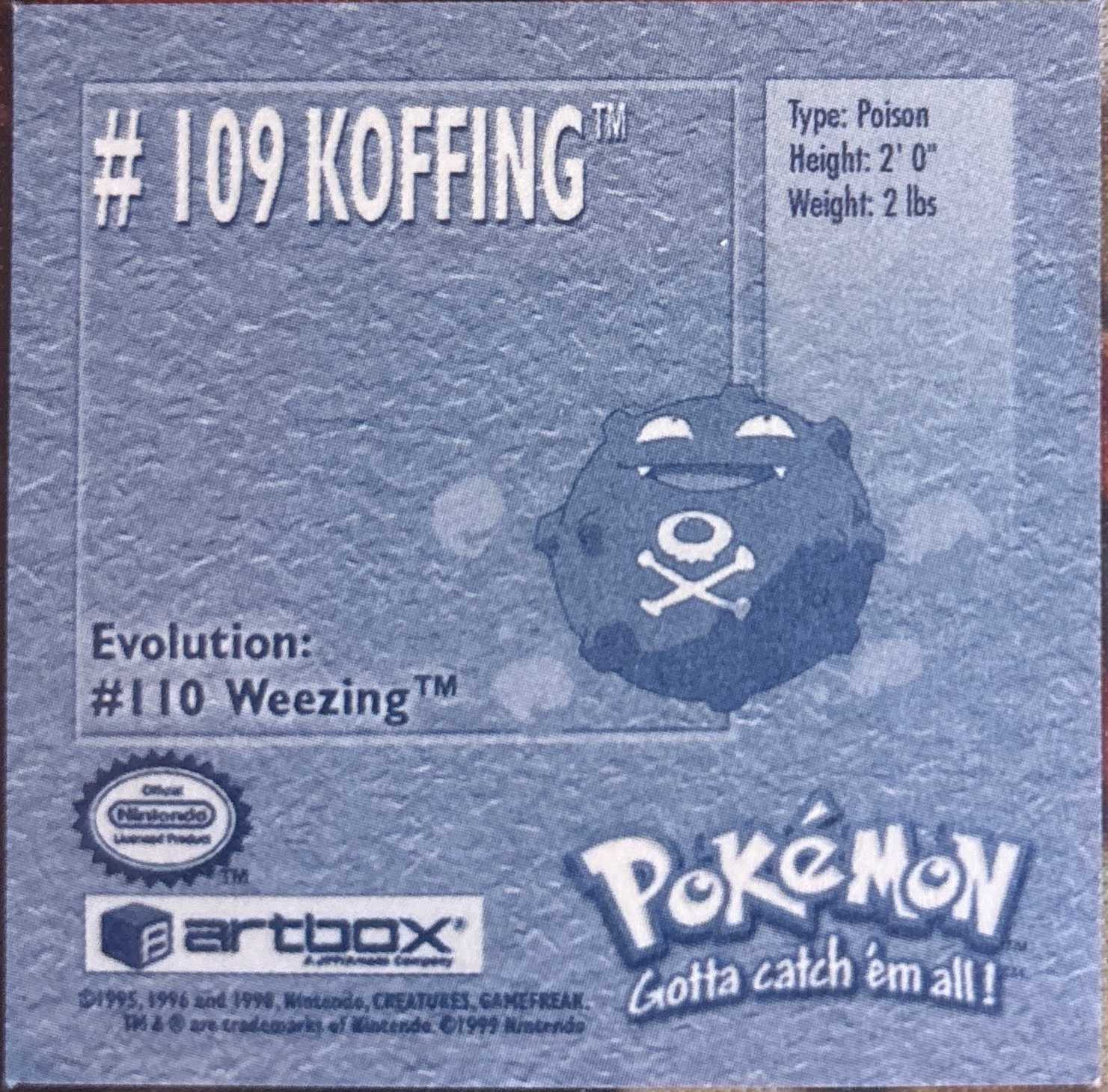 Koffing sticker #109, Artbox (USA) Pokémon Artbox Stickers (1999), back