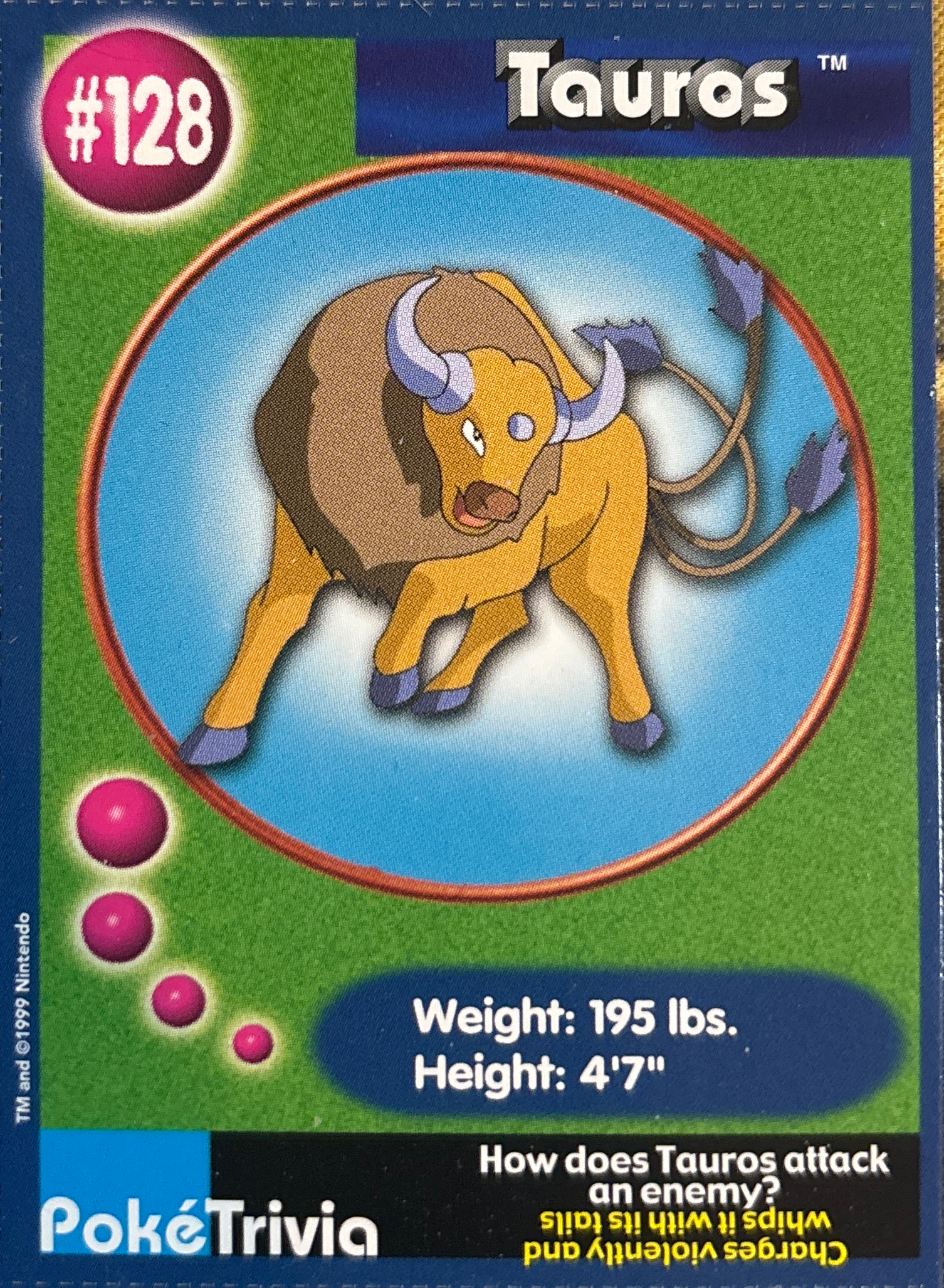 Tauros card #128, Pokémon Burger King PokéTrivia Cards (1999) Checklist, front