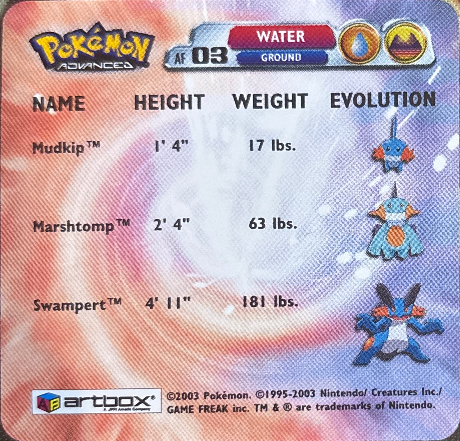 Mudkip collectible #AF03, Artbox (USA) Pokémon Artbox Advanced Flipz, back
