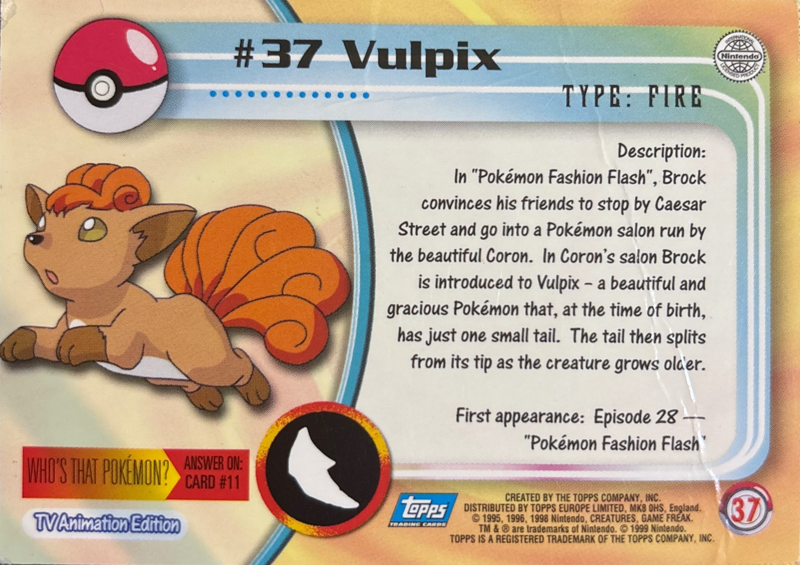 Vulpix card #37, Pokemon Topps Series 1 (1999), back