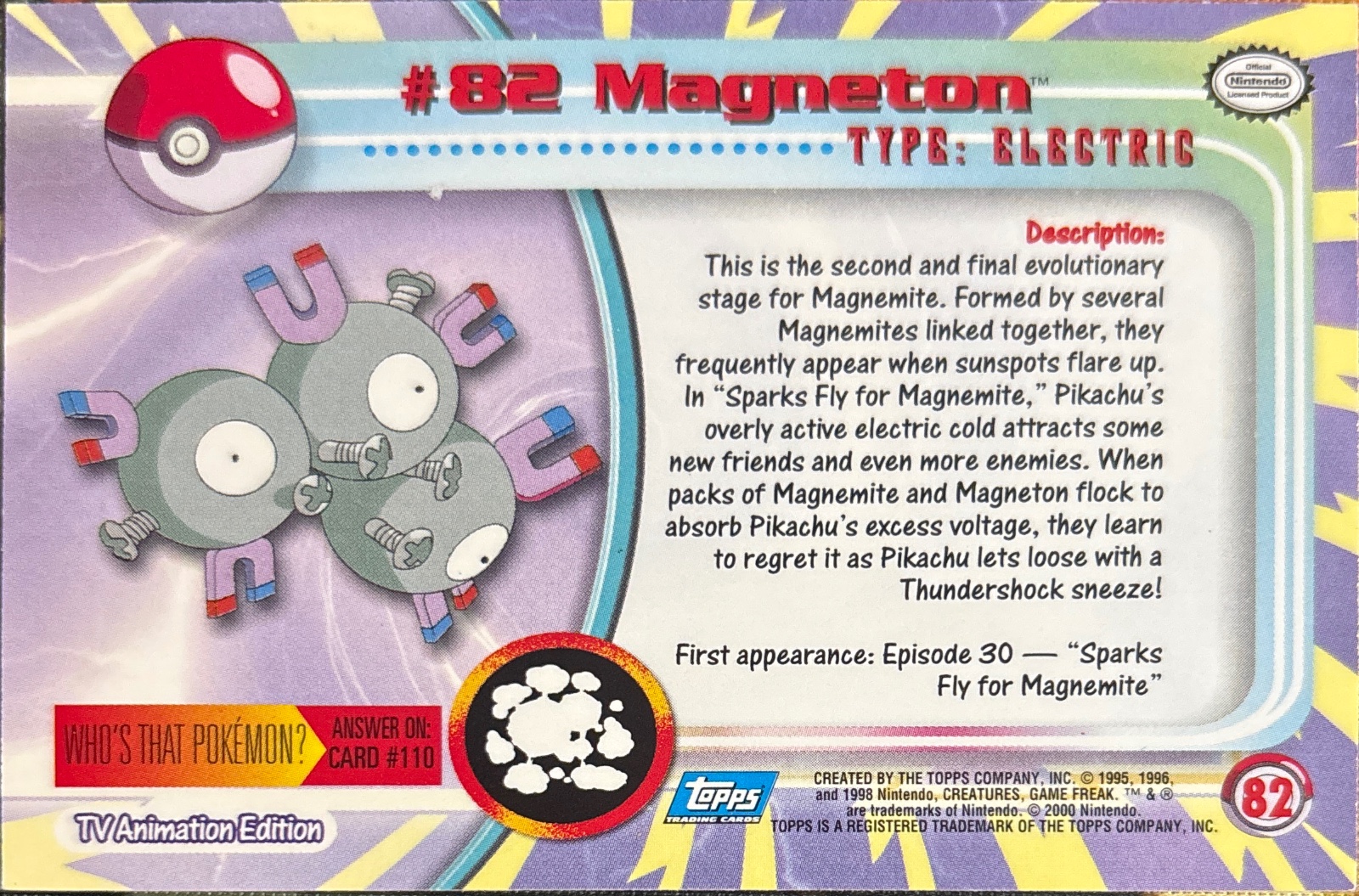 Magneton card #82, Pokemon Topps Series 2 (1999), back