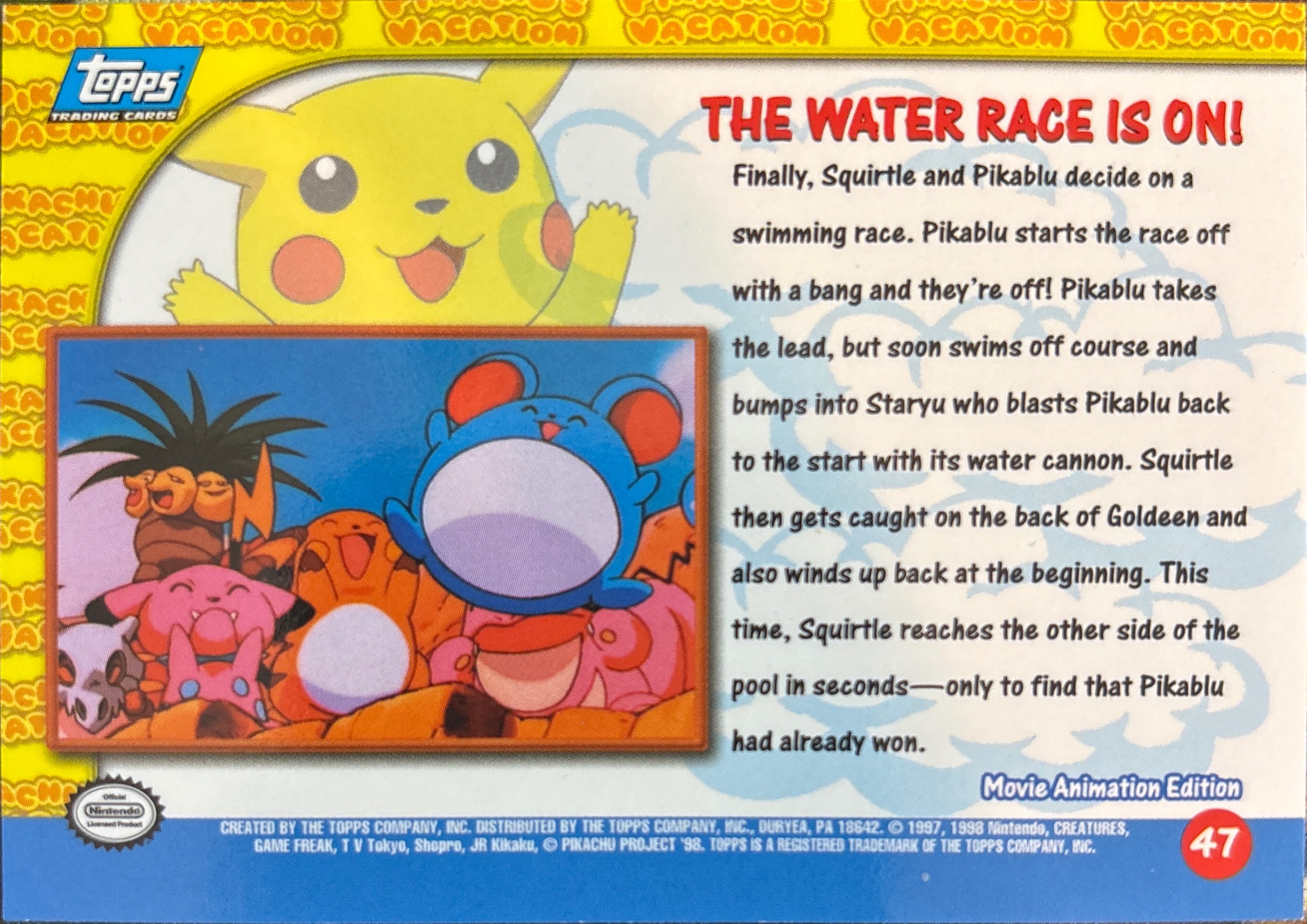 The Water Race is on! card #47, Pokemon Topps First Movie Trading Cards (1999), back