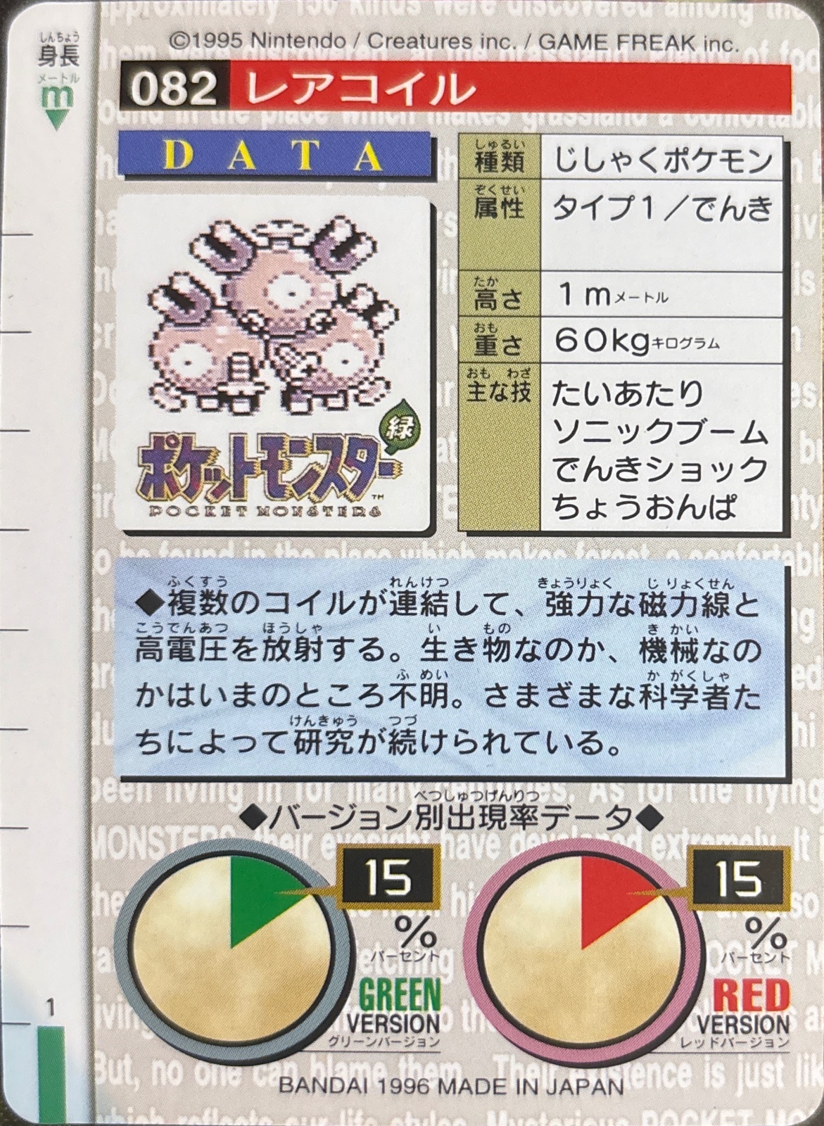 Magneton card #82, Bandai Pokémon Carddass Part 1 (1996), back