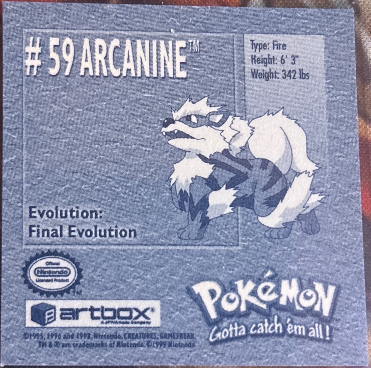 Arcanine sticker #59, Artbox (USA) Pokémon Artbox Stickers (1999), back