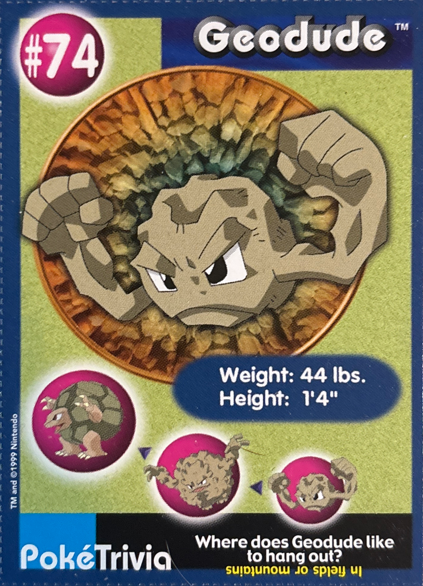 Geodude card #74, Pokémon Burger King PokéTrivia Cards (1999) Checklist, front