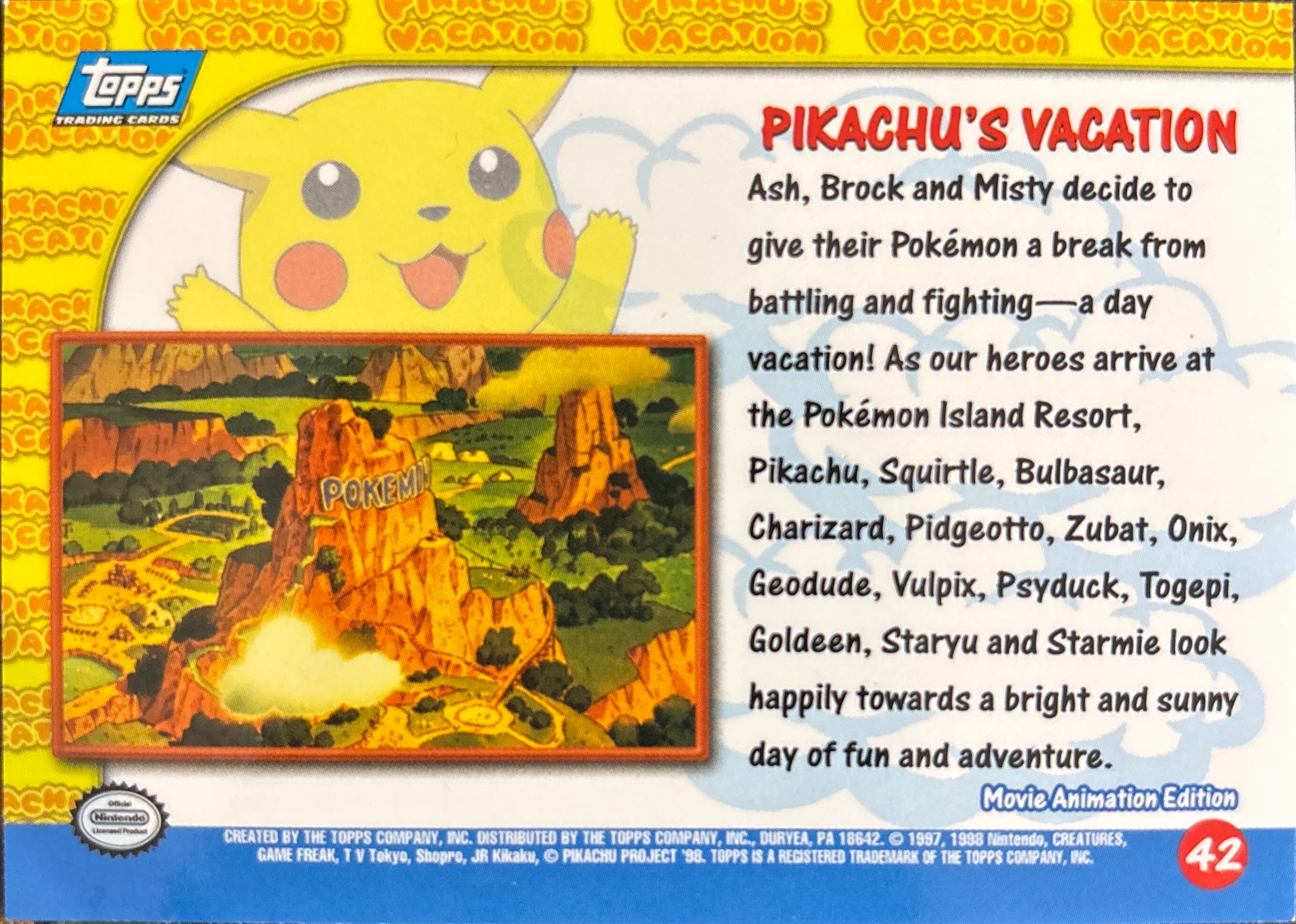 Pikachu's Vacation card #42, Pokemon Topps First Movie Trading Cards (1999), back