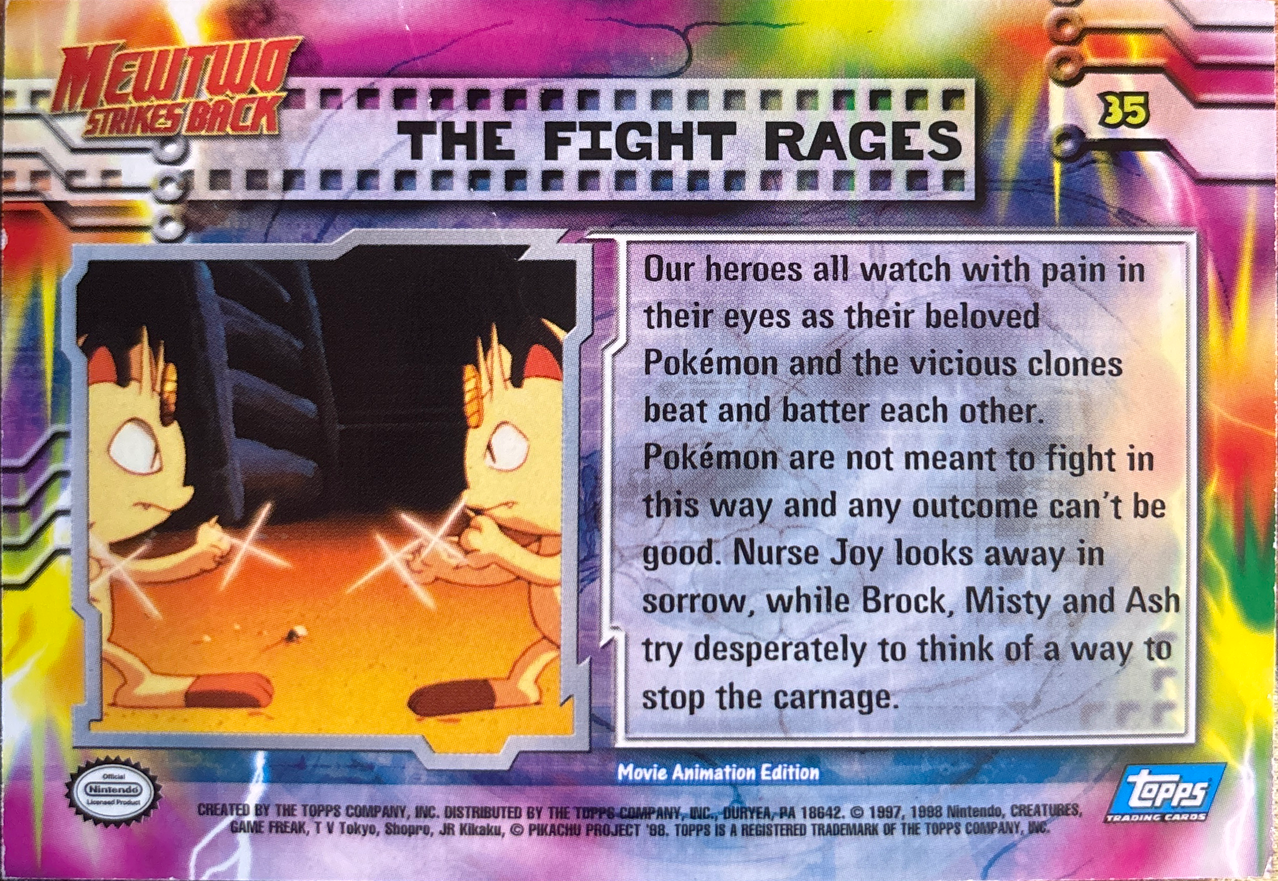 The Fight Rages card #35, Pokemon Topps First Movie Trading Cards (1999), back