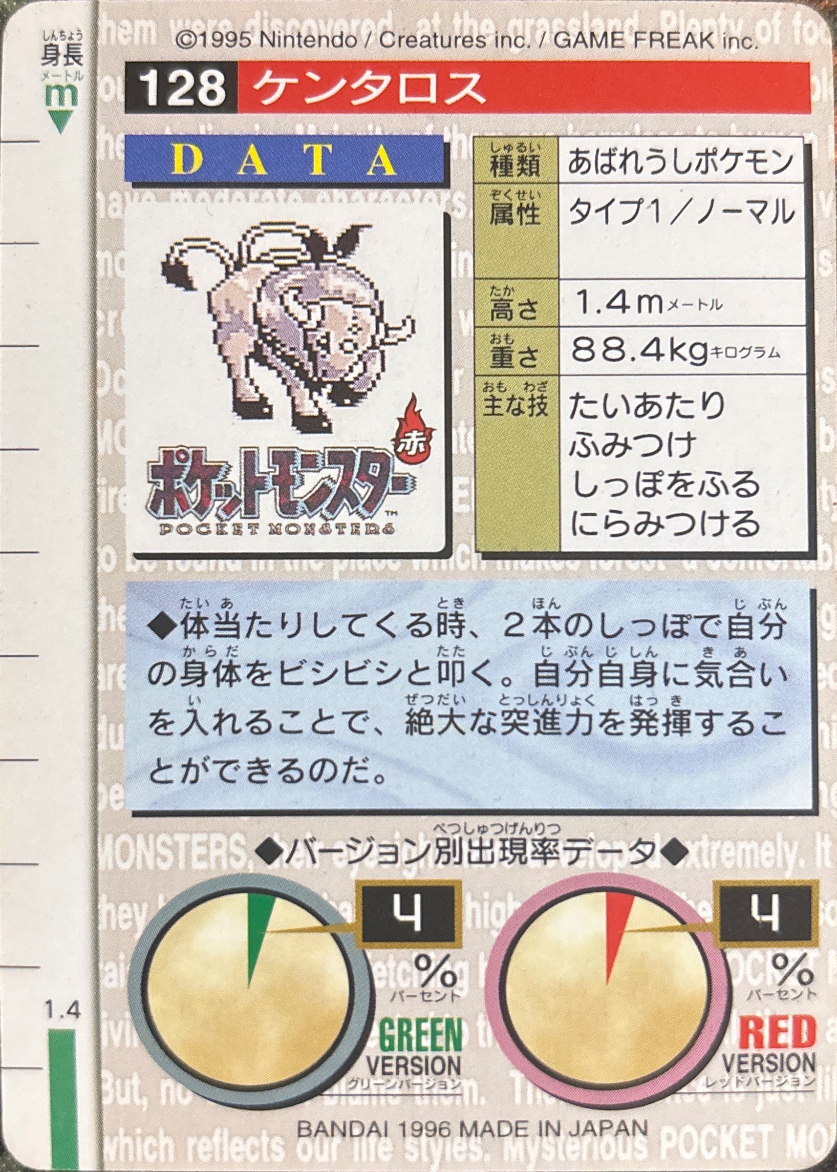 Tauros card #128, Bandai Pokémon Carddass Part 1 (1996), back