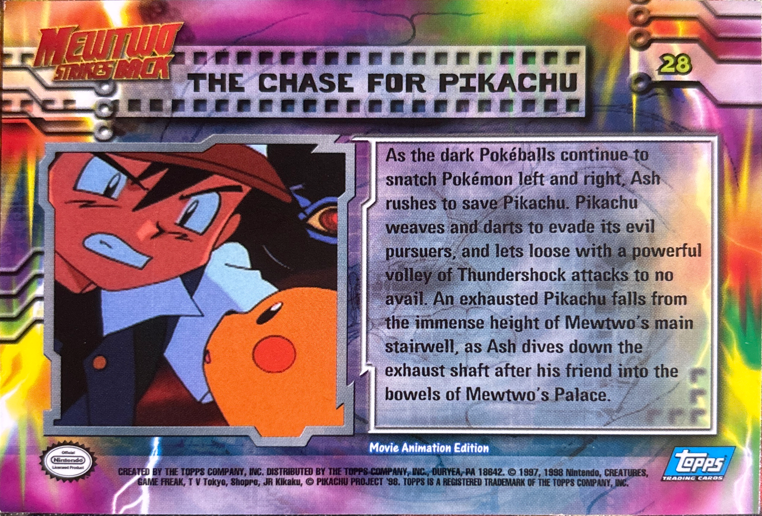 The Chase for Pikachu card #28, Pokemon Topps First Movie Trading Cards (1999), back