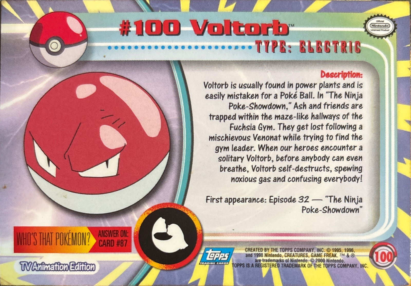 Voltorb card #100, Pokemon Topps Series 2 (1999), back