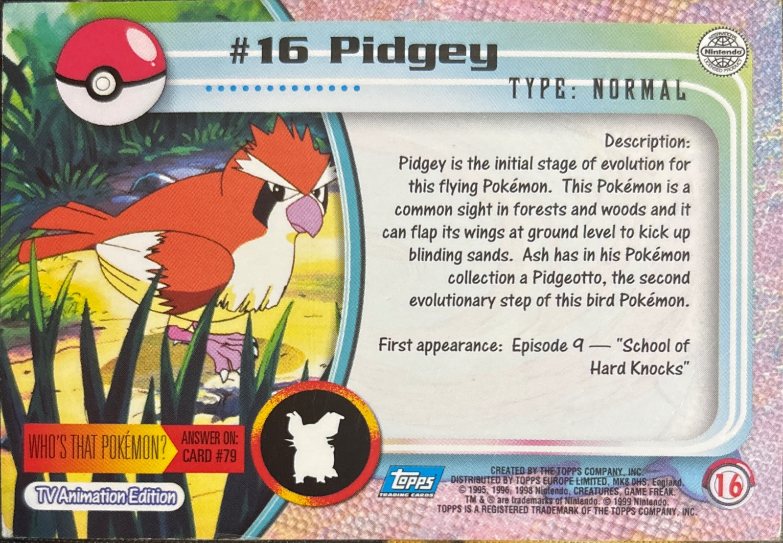 Pidgey card #16, Pokemon Topps Series 1 (1999), back