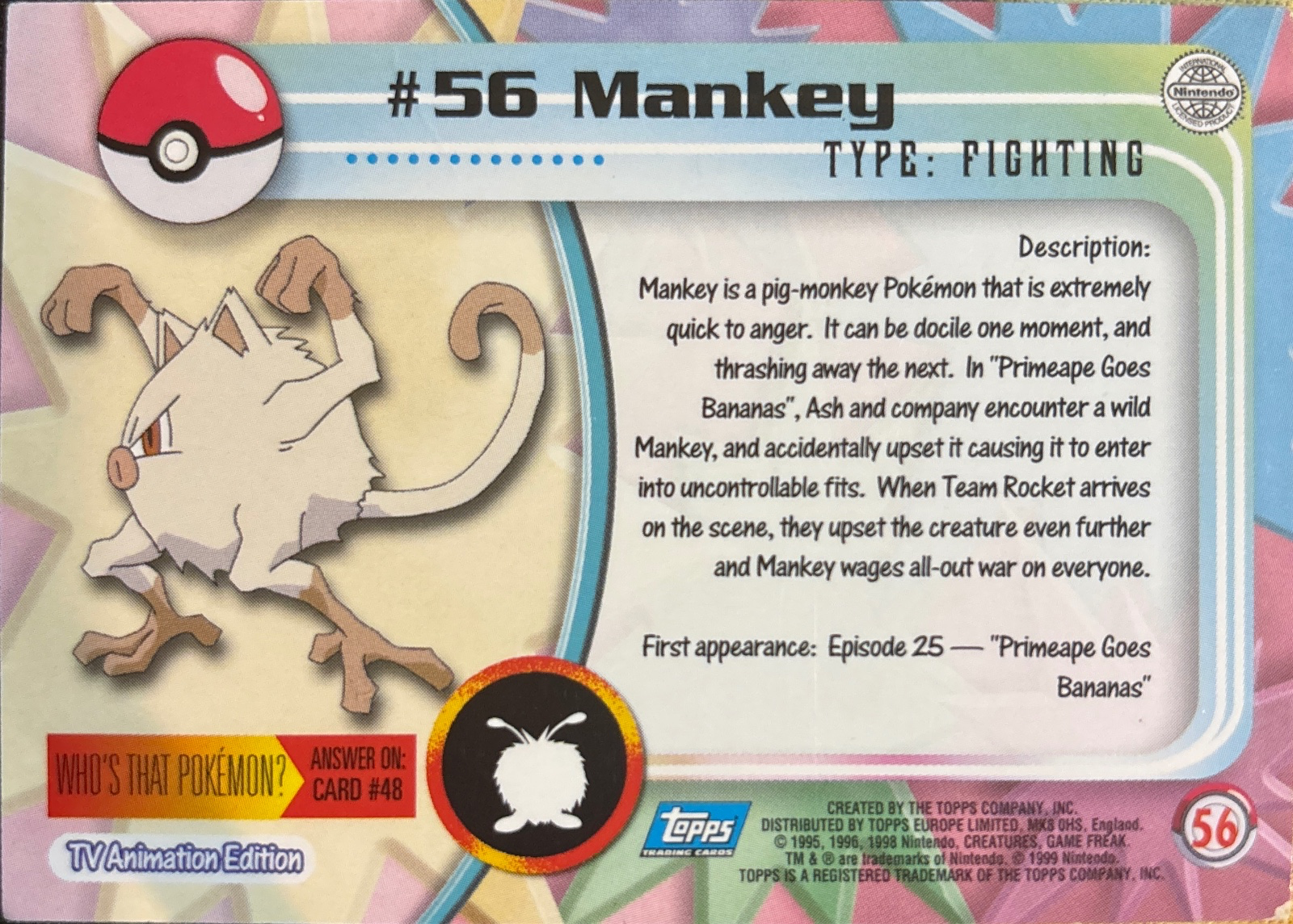 Mankey card #56, Pokemon Topps Series 1 (1999), back
