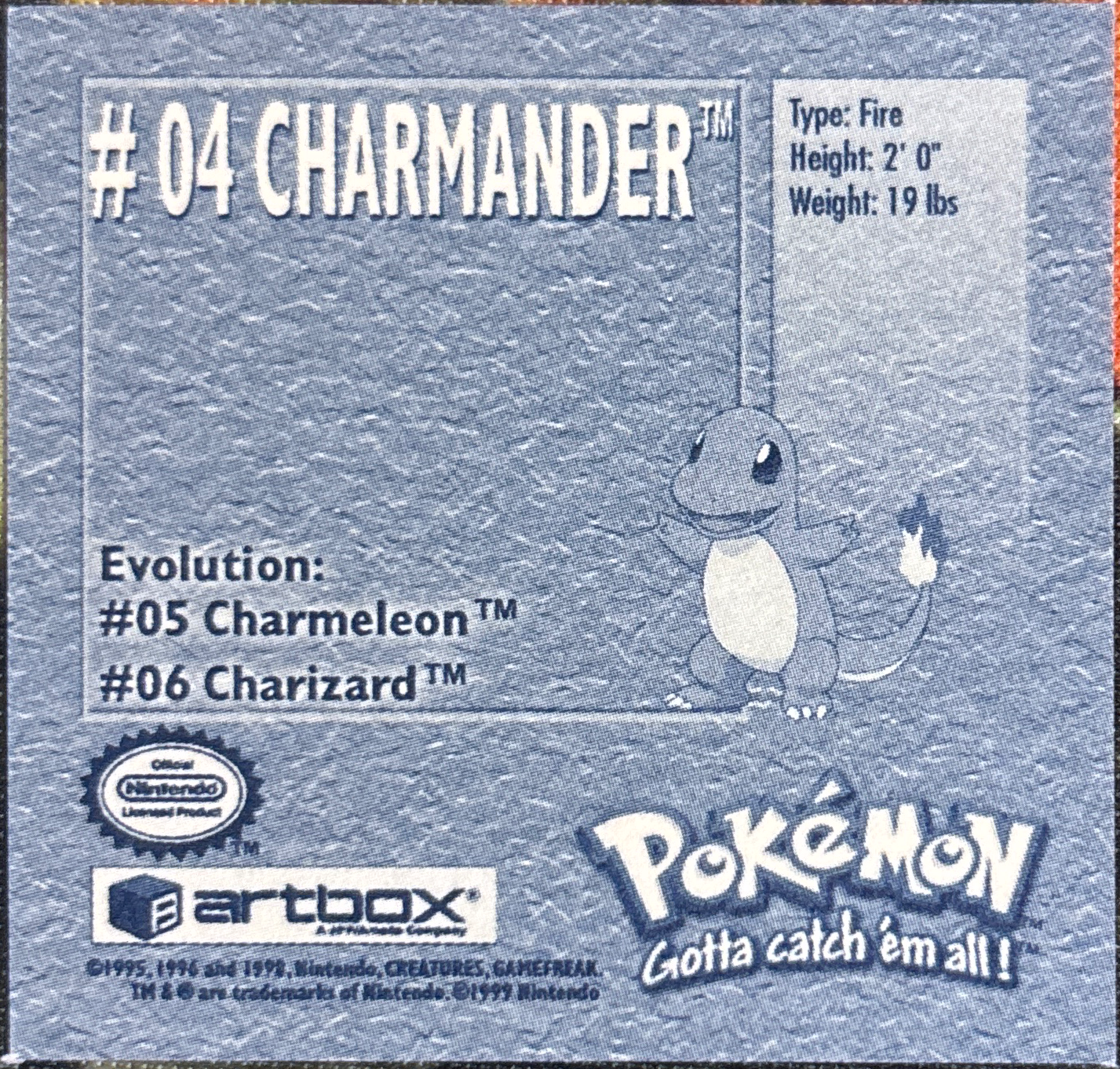 Charmander sticker #4, Artbox (USA) Pokémon Artbox Stickers (1999), back