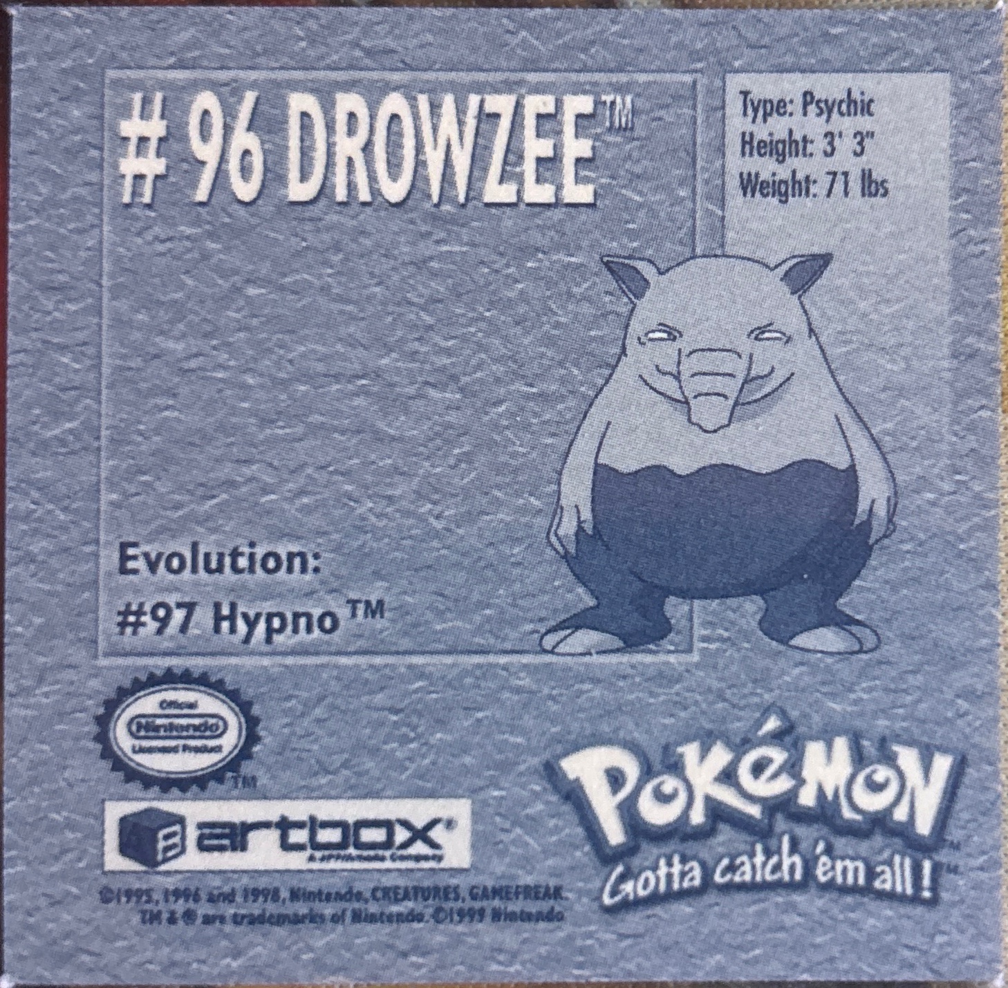 Drowzee sticker #96, Artbox (USA) Pokémon Artbox Stickers (1999), back
