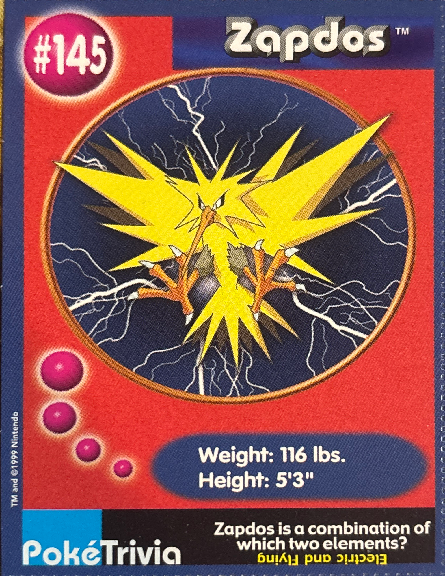 Zapdos card #145, Pokémon Burger King PokéTrivia Cards (1999) Checklist, front