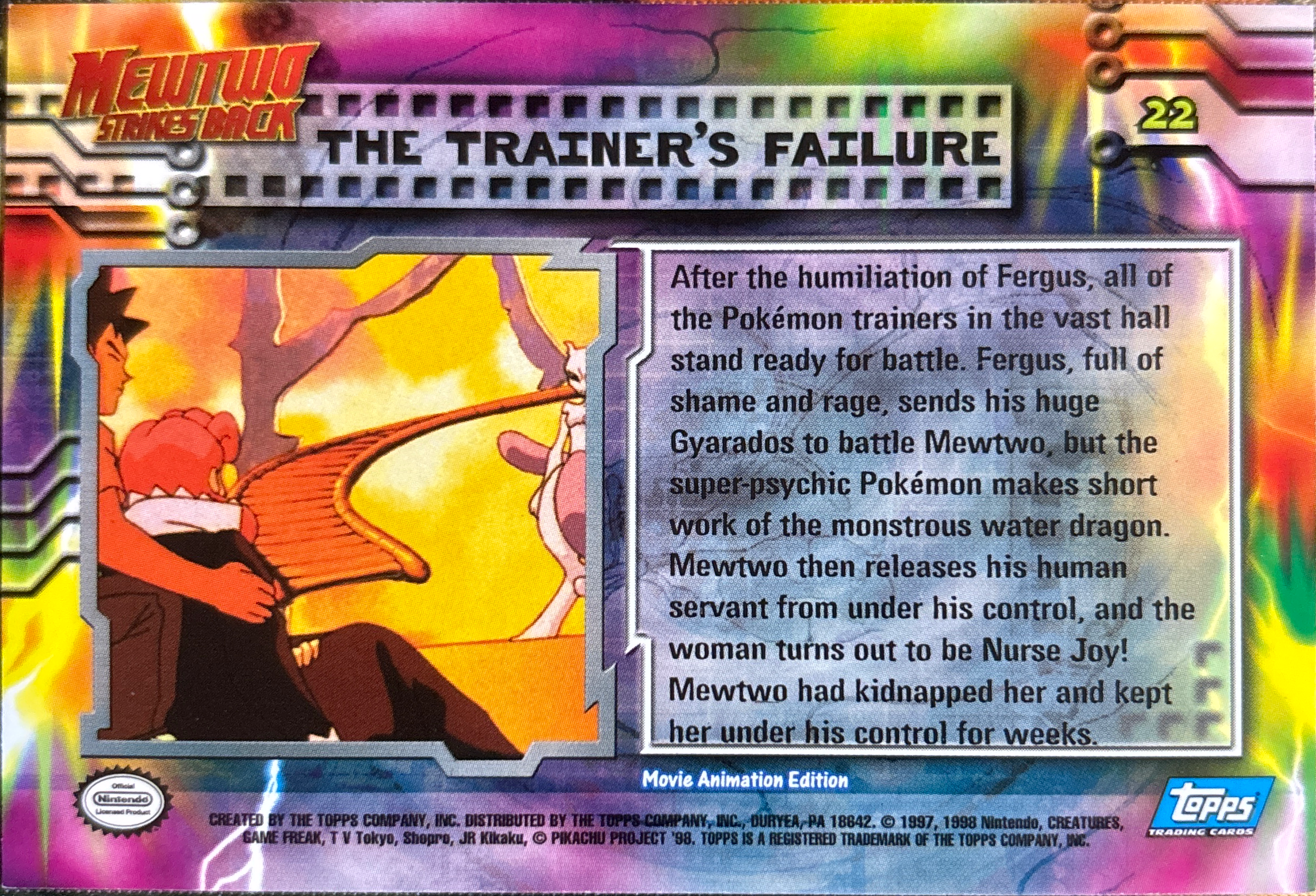 The Trainer's Failure card #22, Pokemon Topps First Movie Trading Cards (1999), back