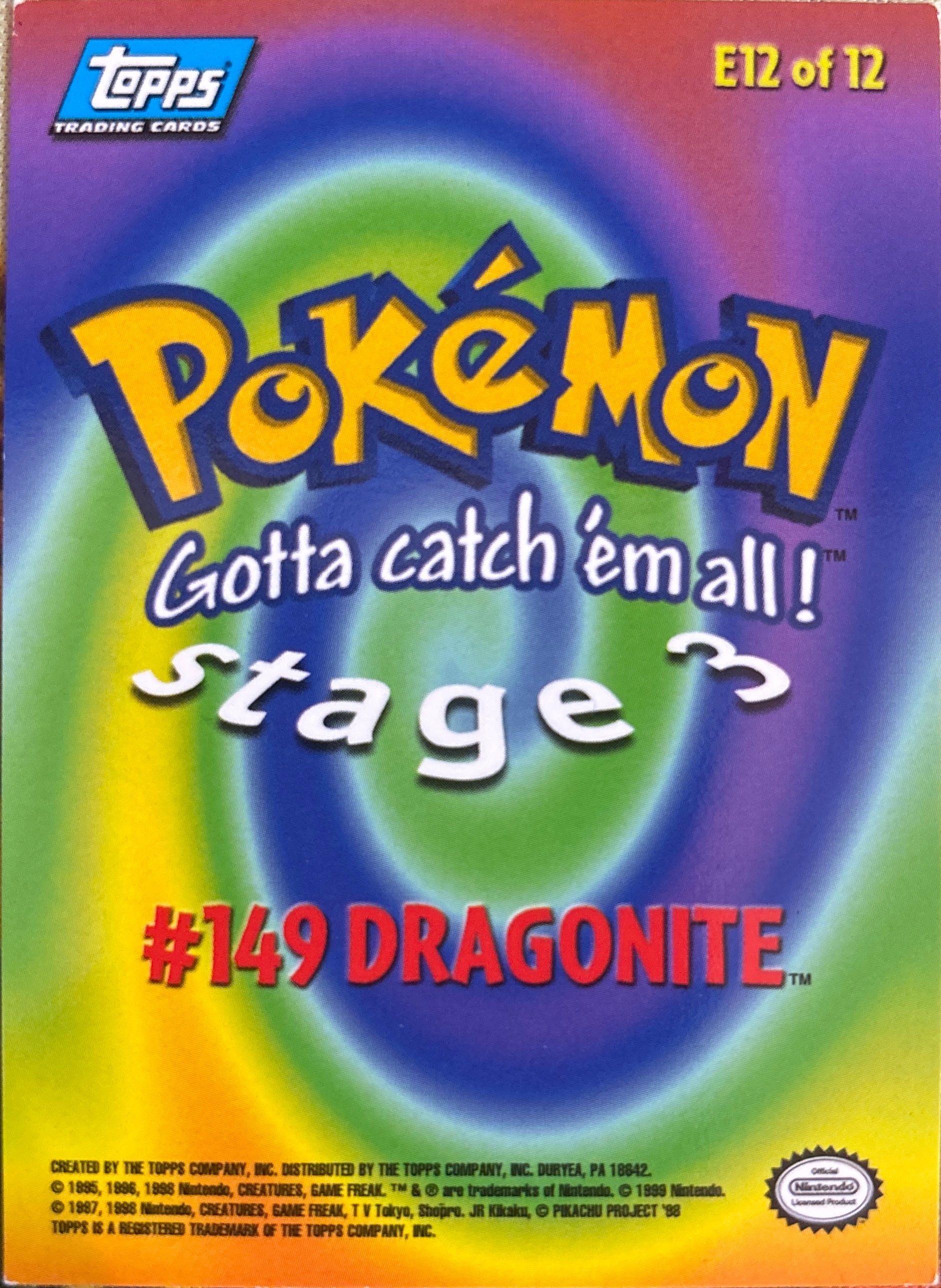 Dragonite card #E12, Pokemon Topps First Movie Trading Cards (1999), back