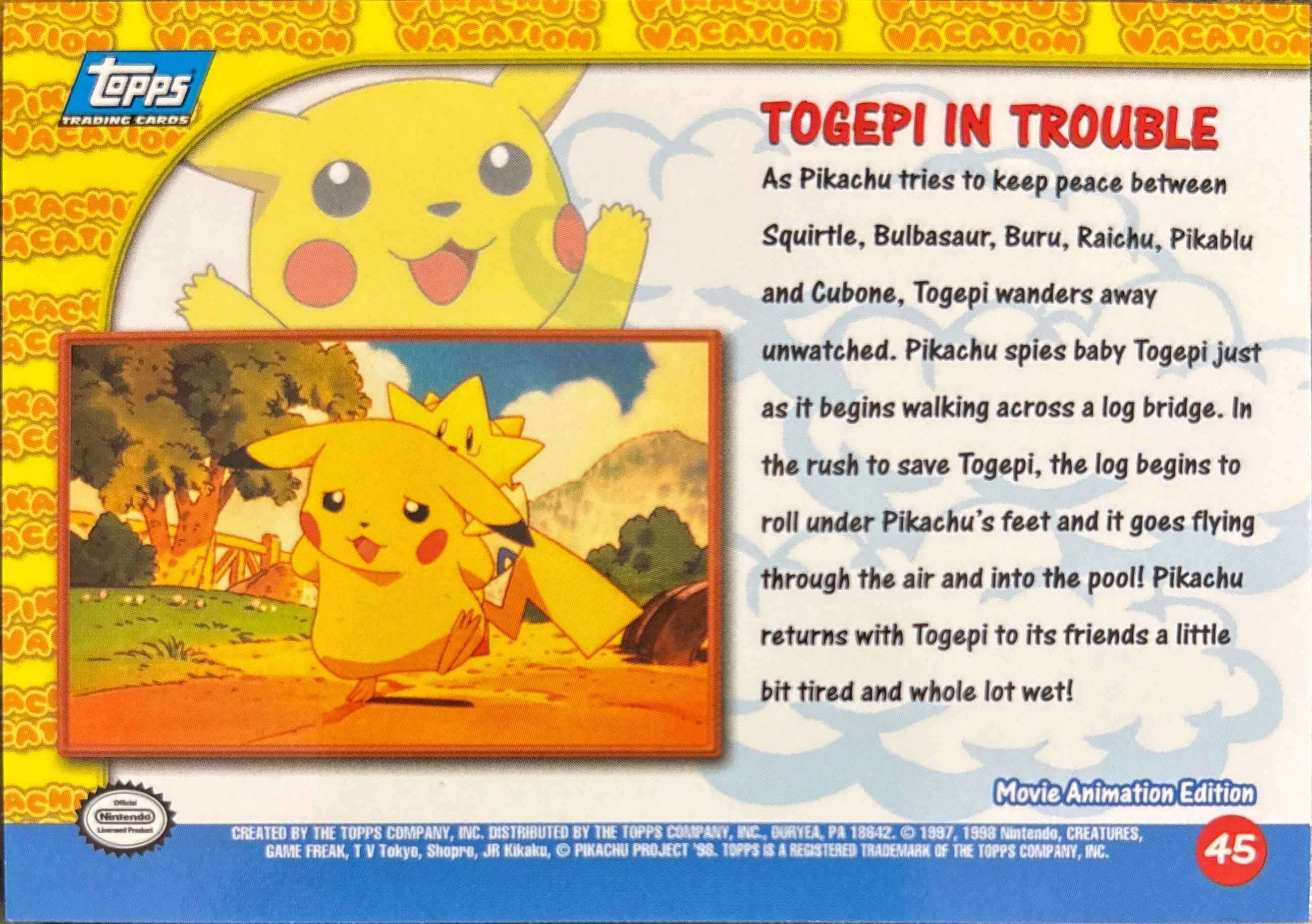 Togepi in Trouble card #45, Pokemon Topps First Movie Trading Cards (1999), back