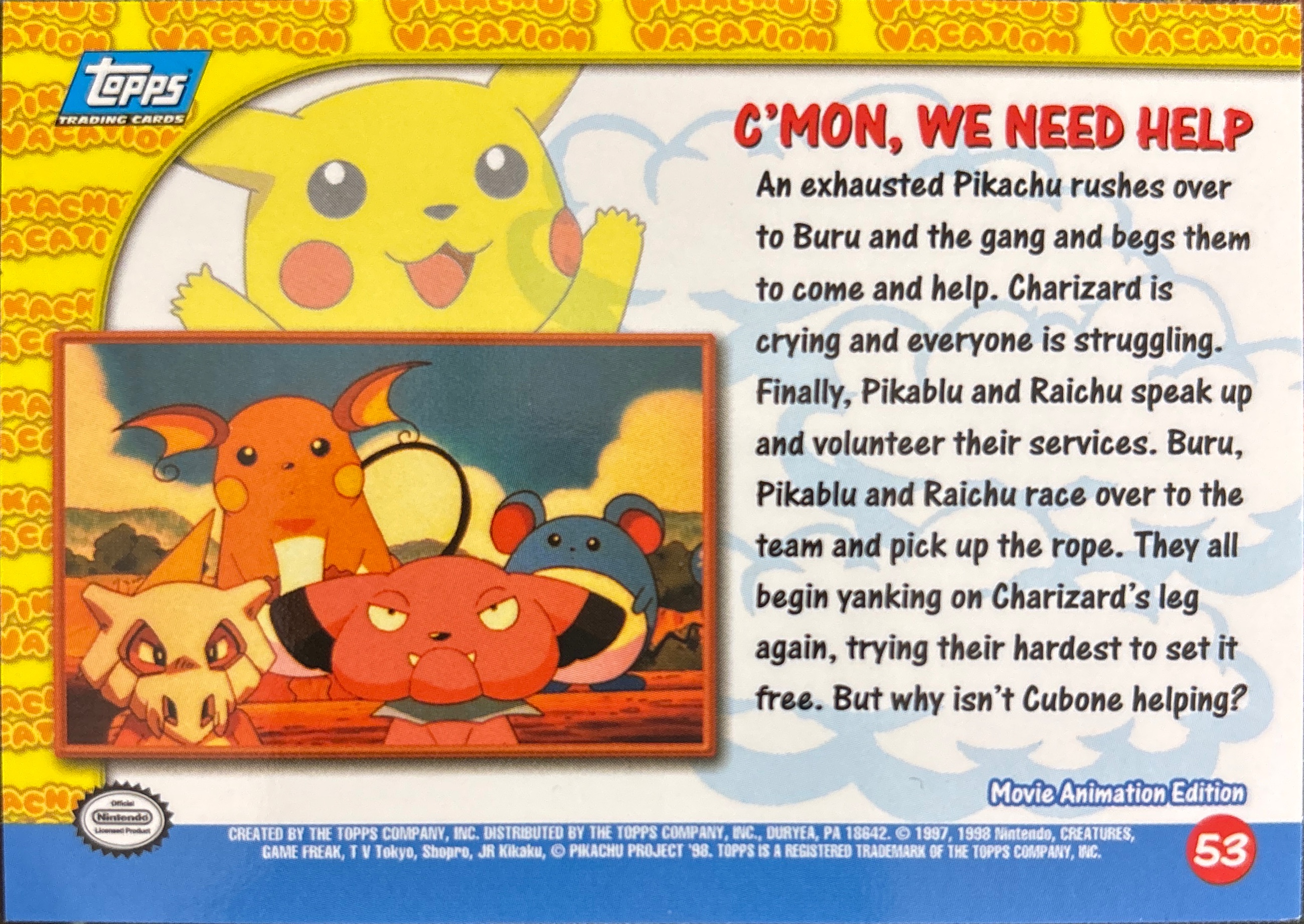 C'mon, We Need Help card #53, Pokemon Topps First Movie Trading Cards (1999), back