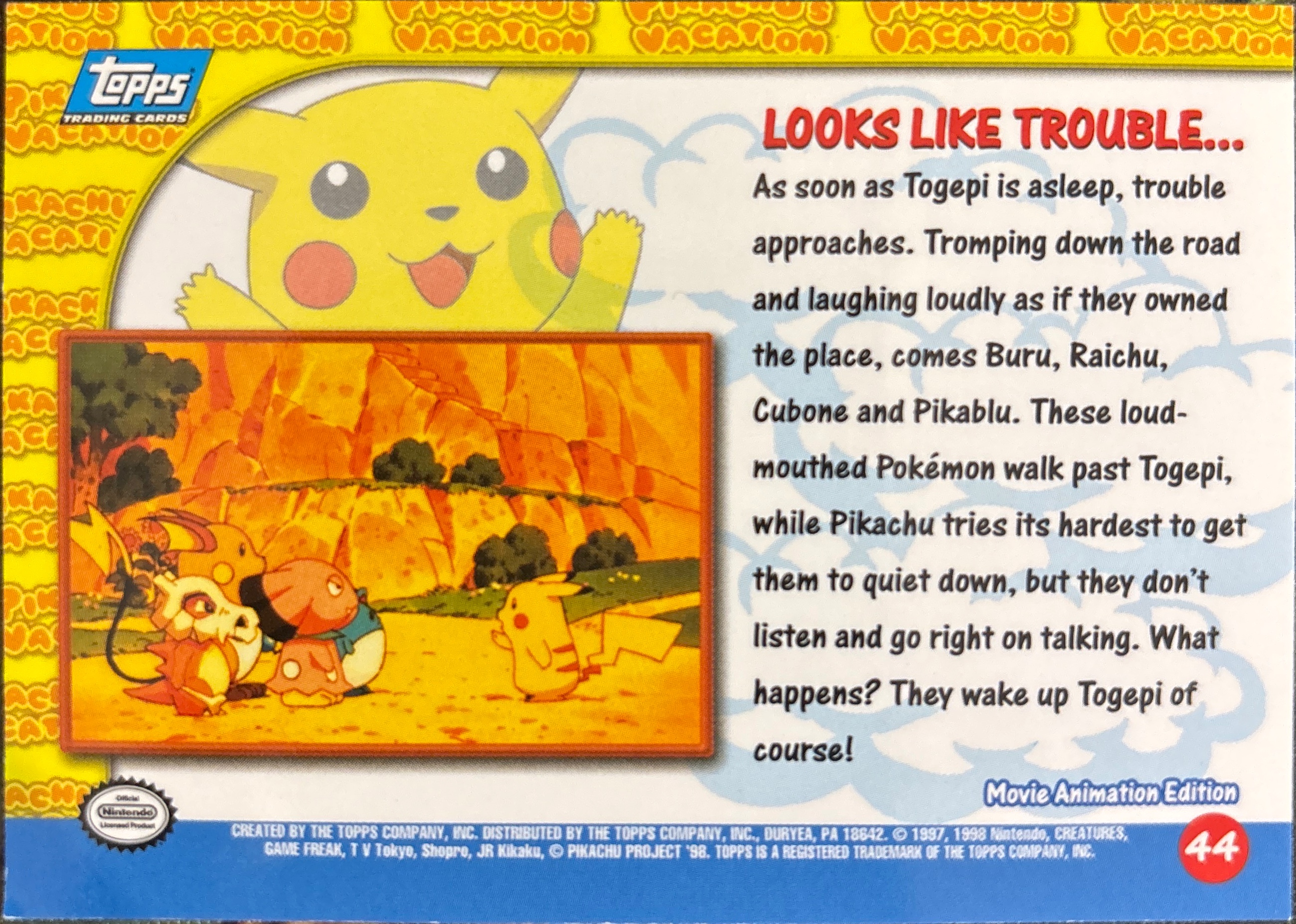 Looks Like Trouble... card #44, Pokemon Topps First Movie Trading Cards (1999), back